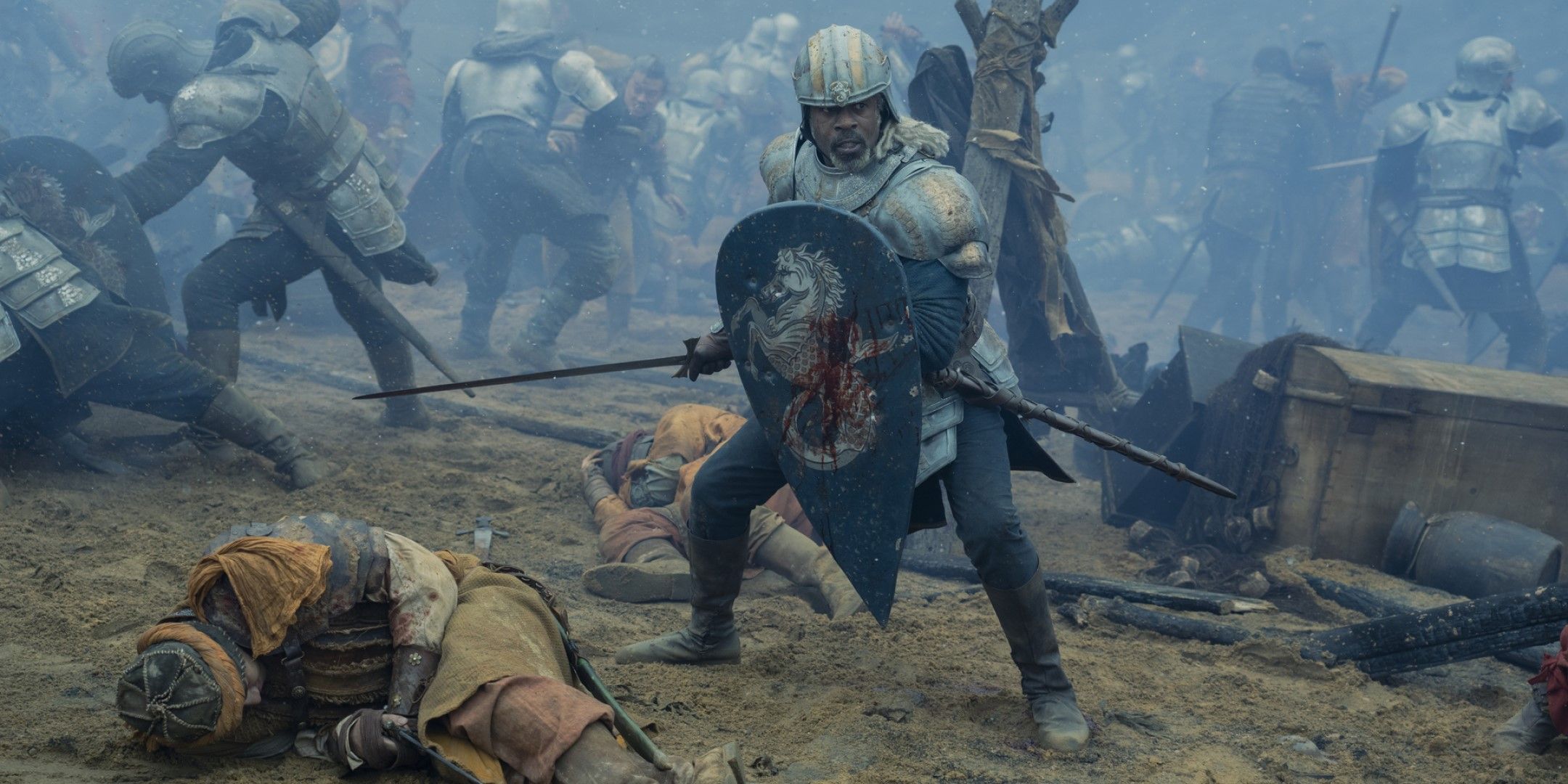 A screenshot from House of the Dragon showing Corlys Velaryon in the heat of battle.