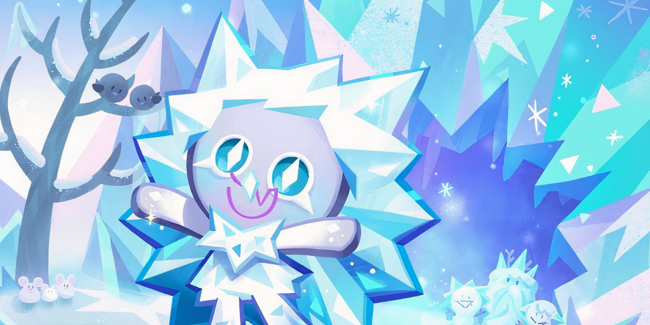 Icicle Cookie from Cookie Run Kingdom holds his arms outstretched in a frozen land.