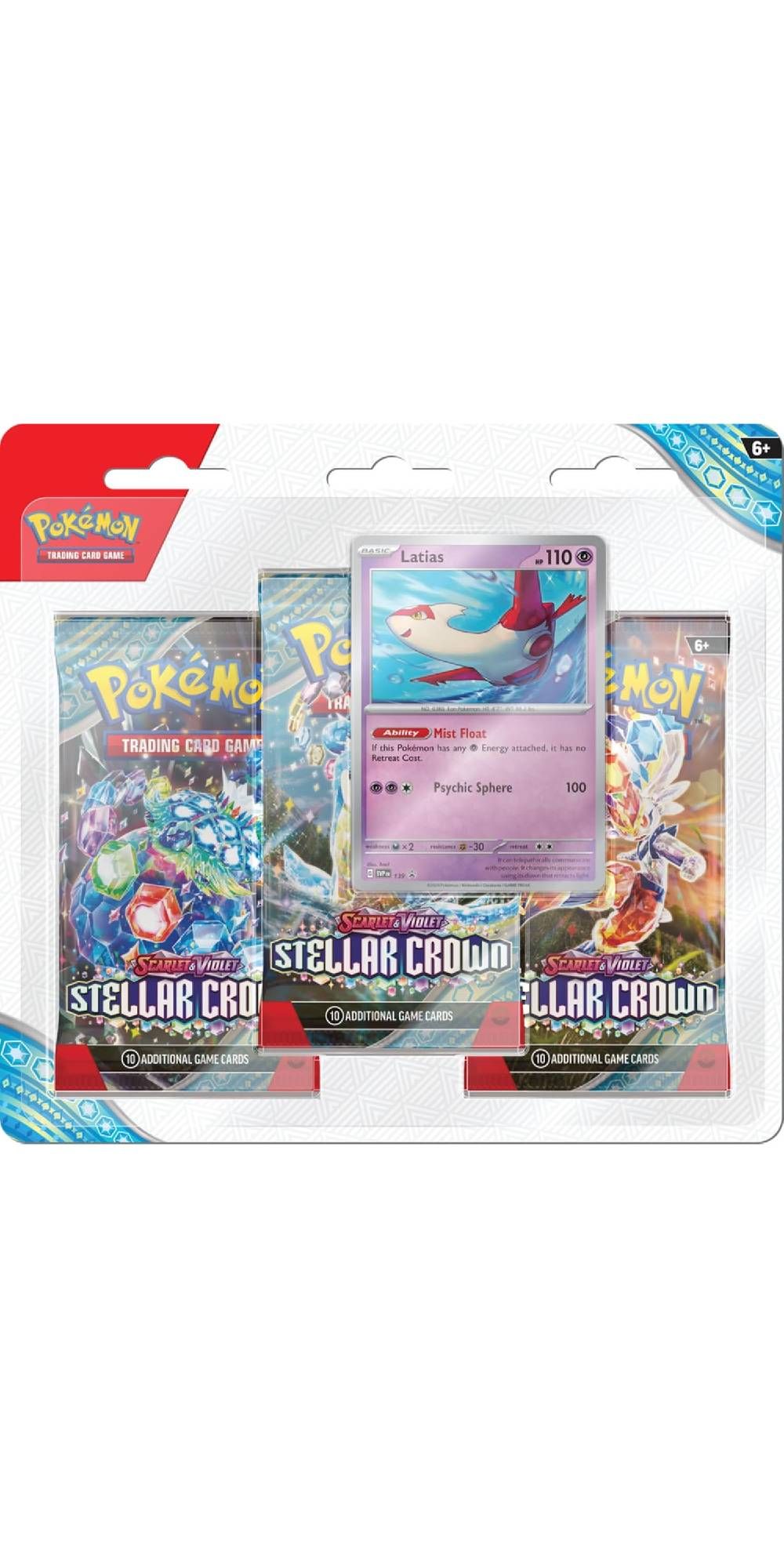 Image of Pokemon TCG Scarlet & Violet Stellar Crown Blister Pack with Latias ads on white background.-1
