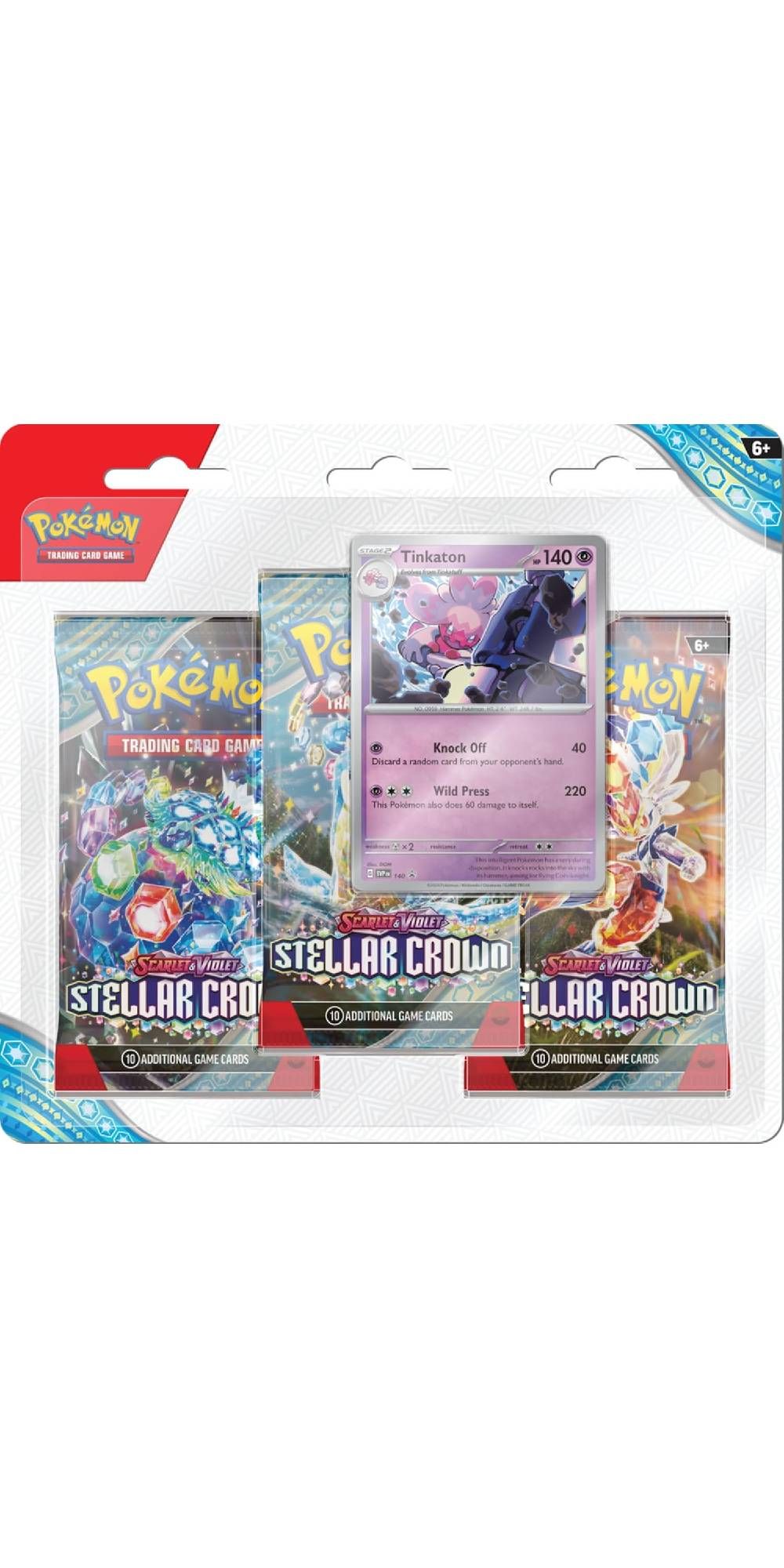 Image of Pokemon TCG Scarlet & Violet Stellar Crown Blister Pack with Tinkaton ad on white background.-1