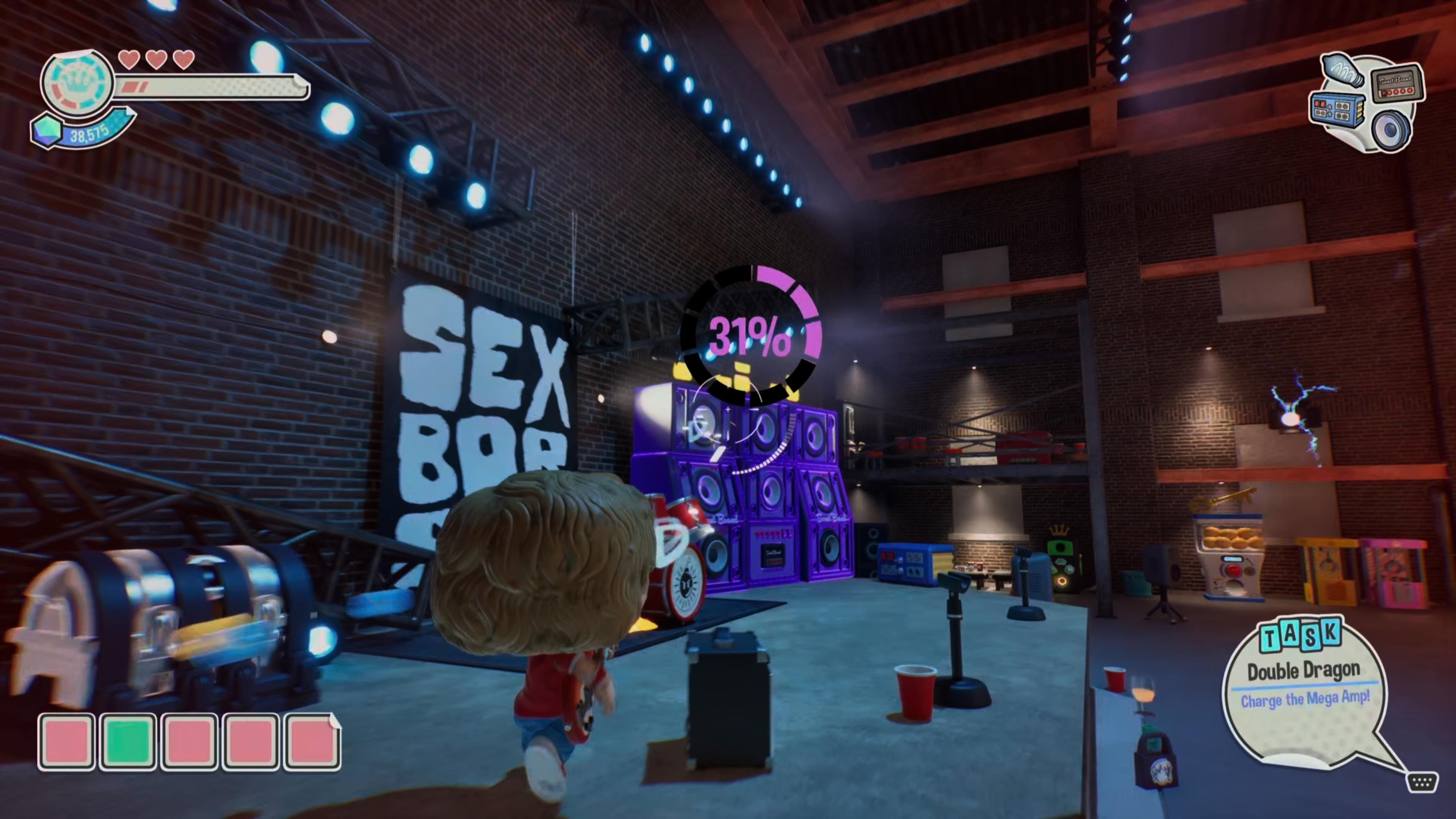 Scott Pilgrim shoots the bright purple Mega Amplifier in Funko Fusion.