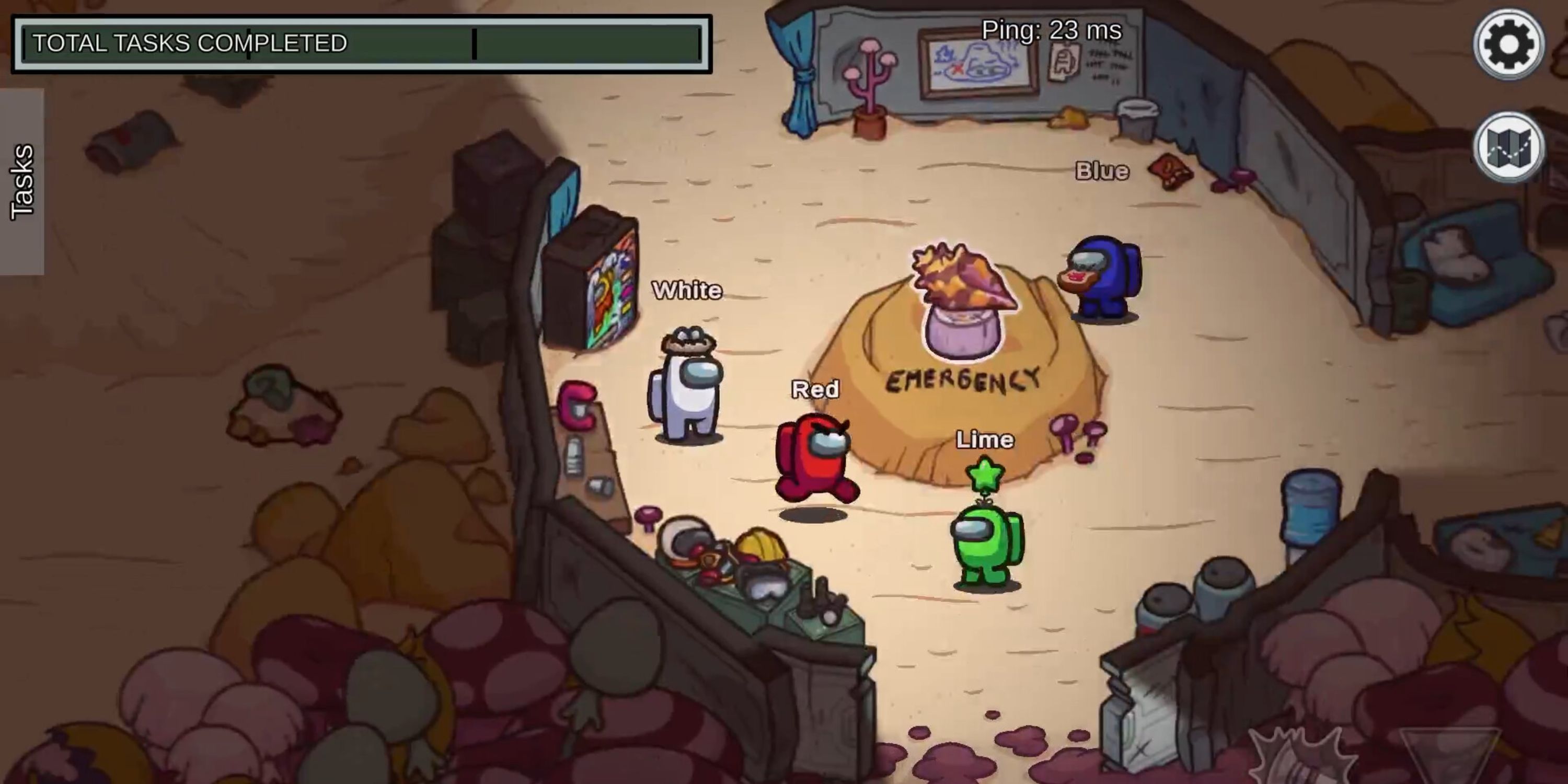 A screenshot of Among Us, showing a red, green, blue, and white crew member waiting in a lobby.