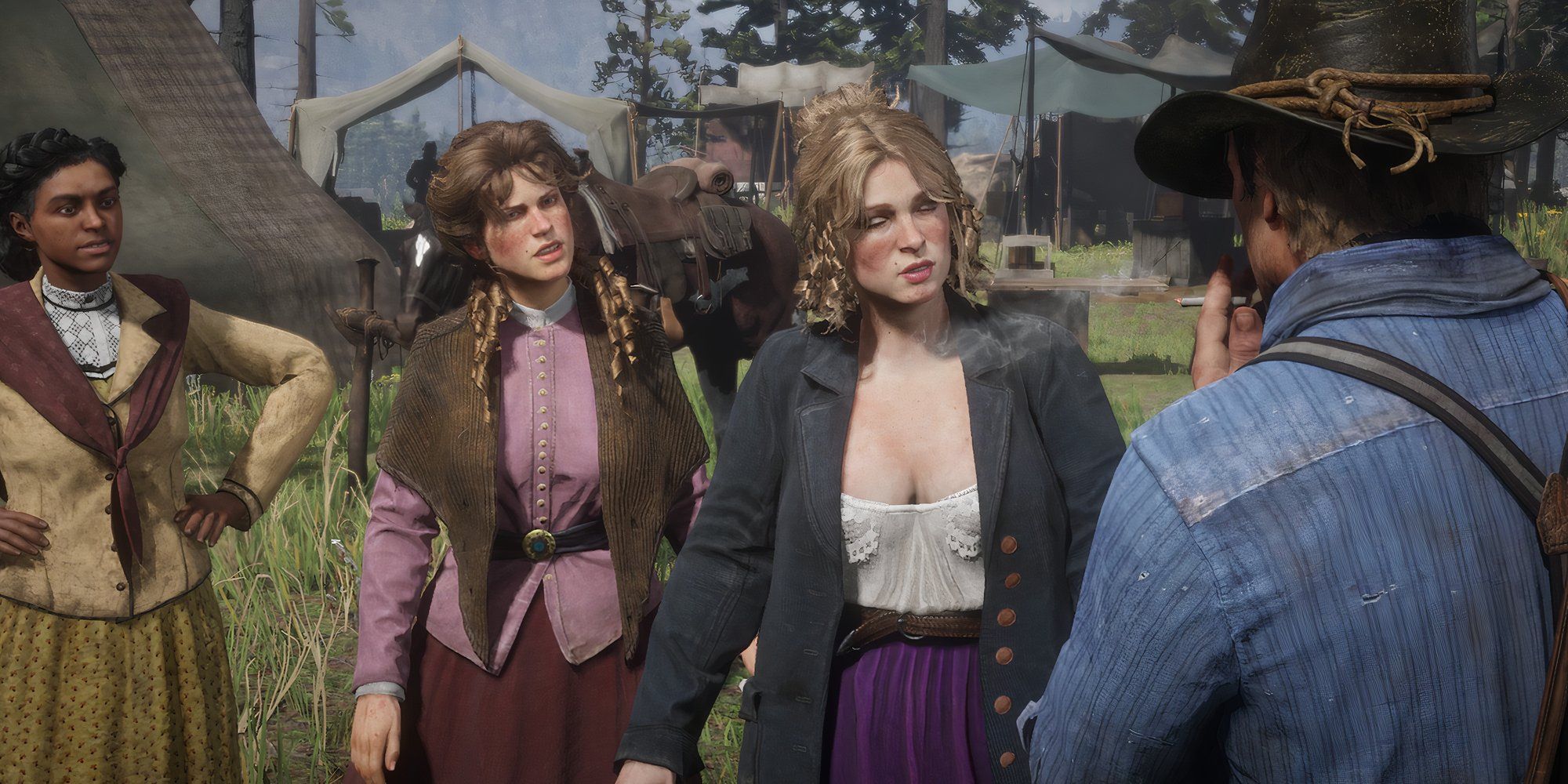 Karen Jones talking to Arthur while Lilly and Susan stand behind her in Red Dead Redemption 2.