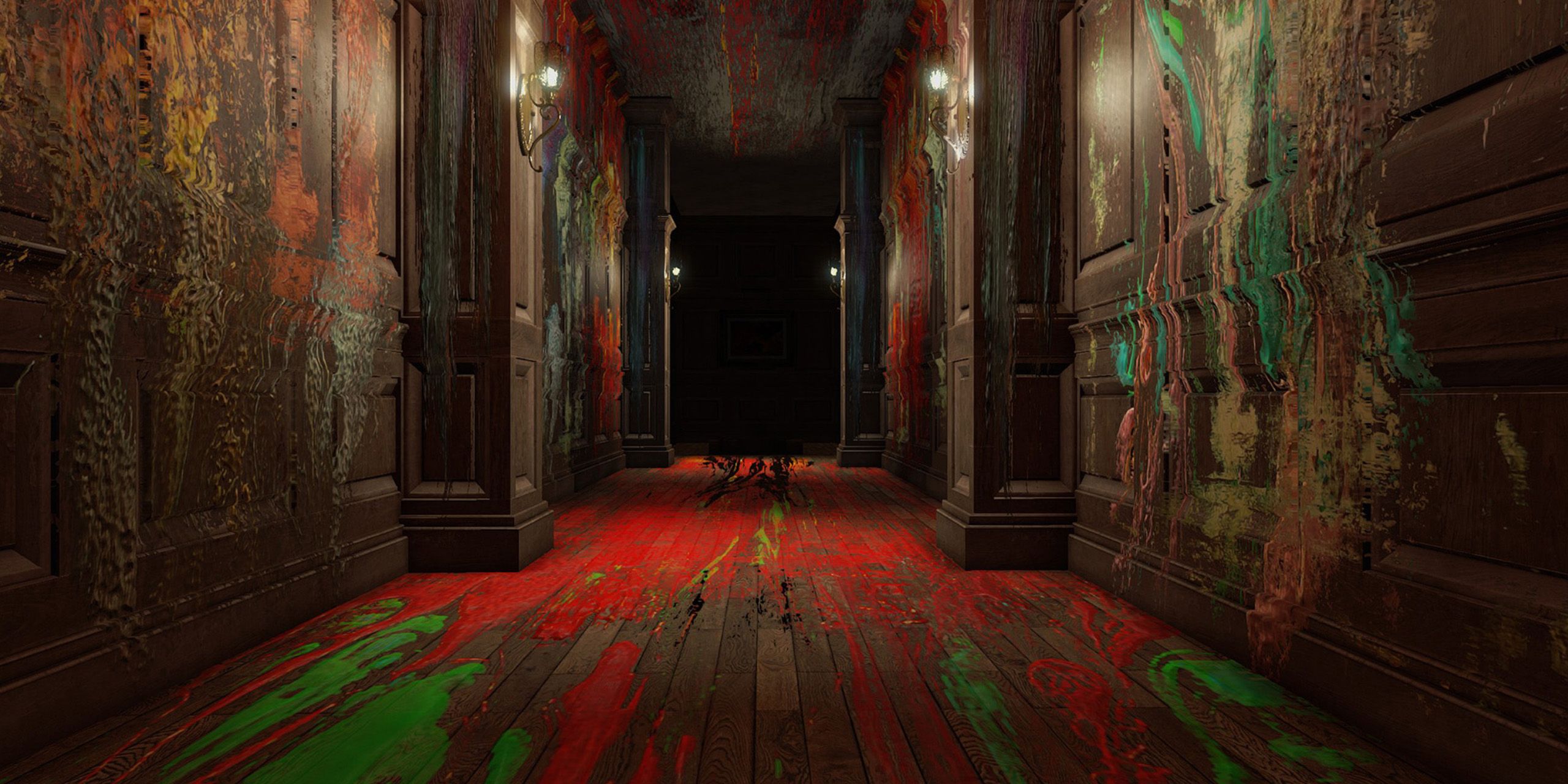 A old hallway from Layers of Fear coated in messy streaks of multicolored paint.