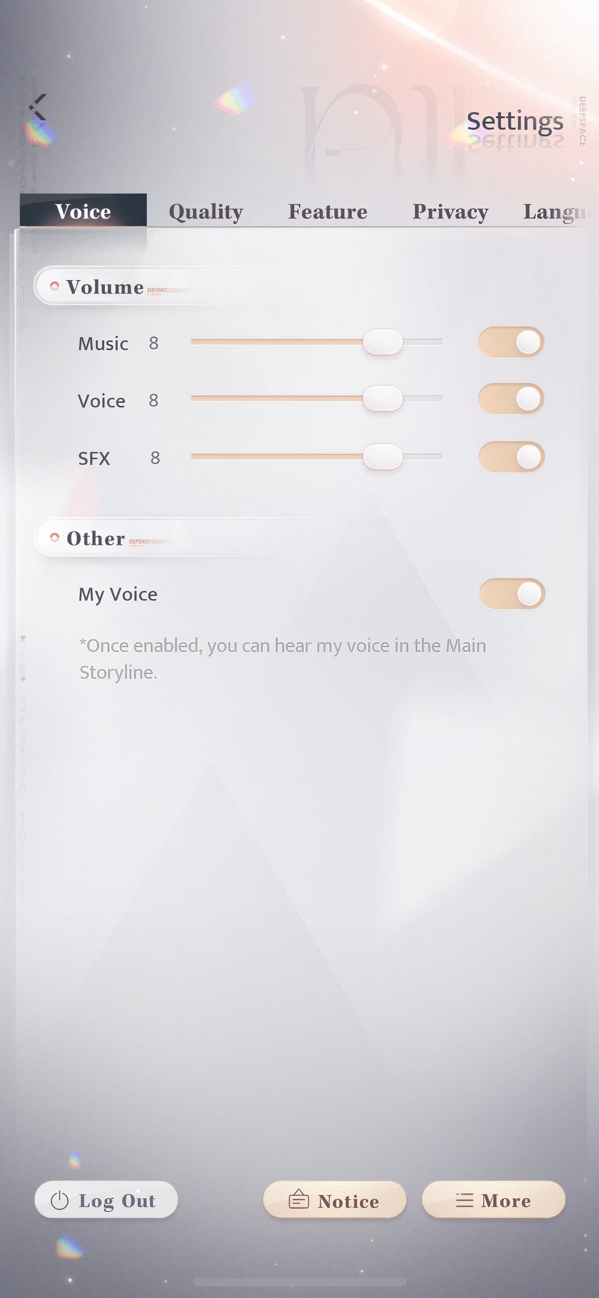 Love And Deepspace: A screenshot of the settings tab with the 'My Voice' toggle on