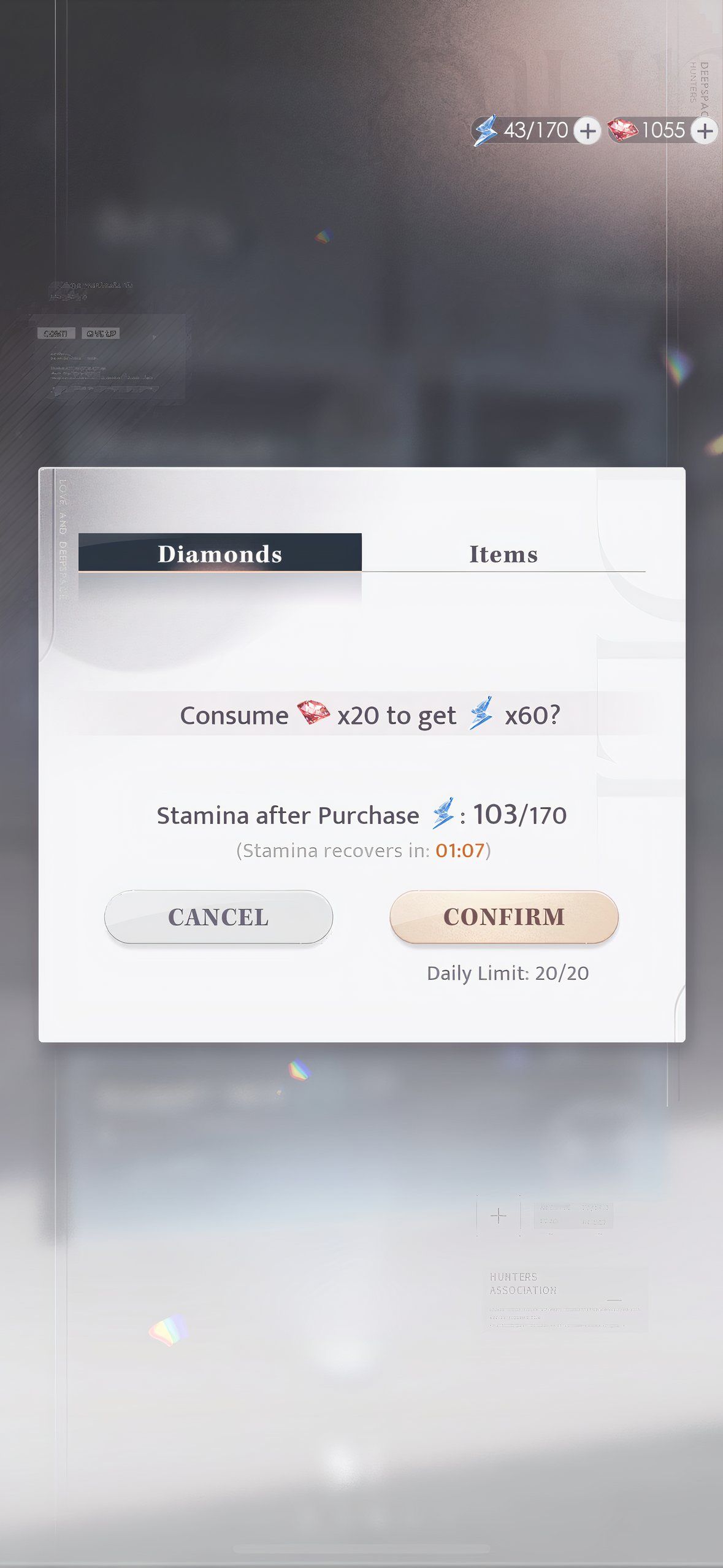 Love And Deepspace: An image of how many Diamonds it costs to purchase 60 points of Stamina