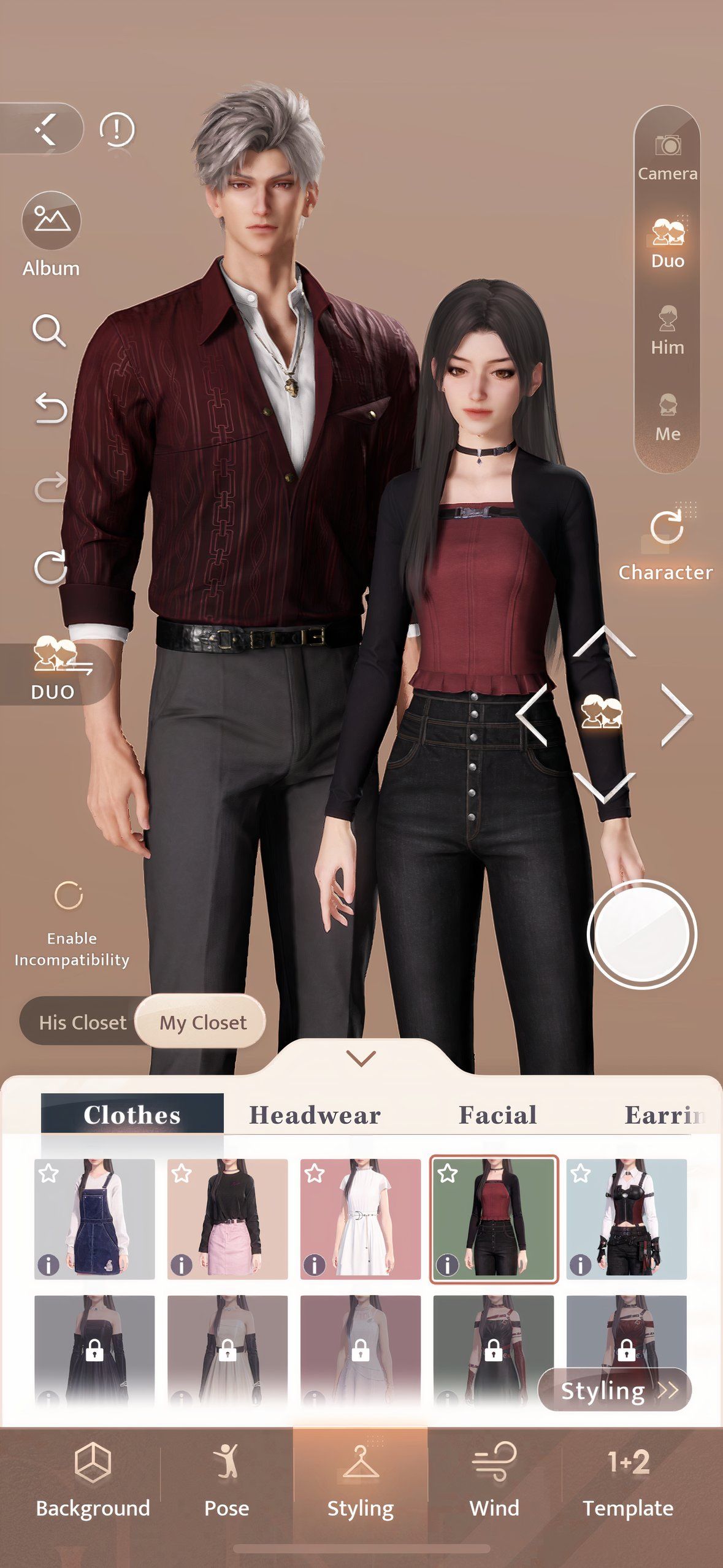 Love And Deepspace: An image of Sylus and the player in the photo studio, with the outfit change menu at the bottom