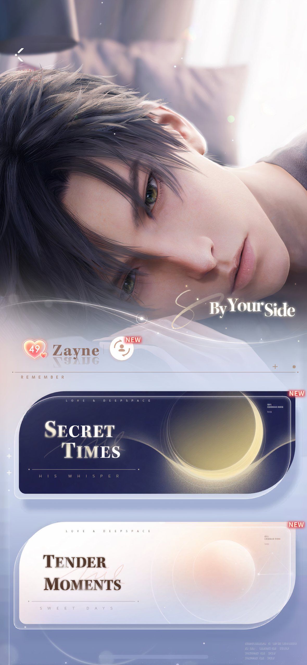 Love And Deepspace: An image of Zayne in the By Your Side Menu