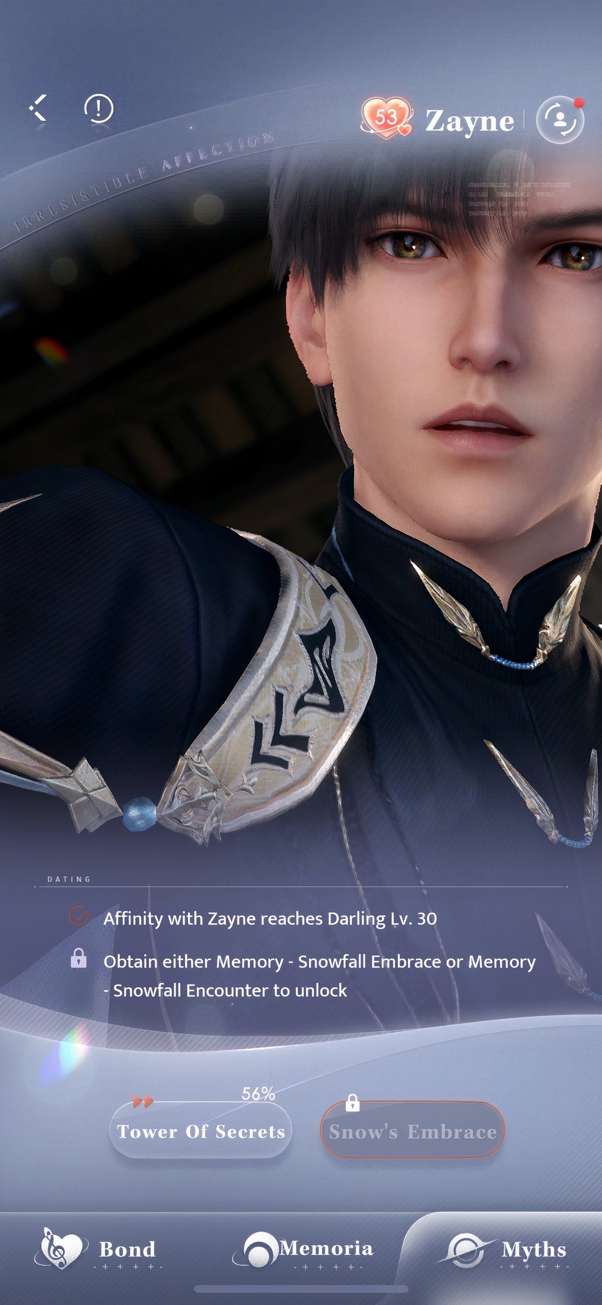 Love And Deepspace: An image of Zayne's Snow's Emblem Myth branch