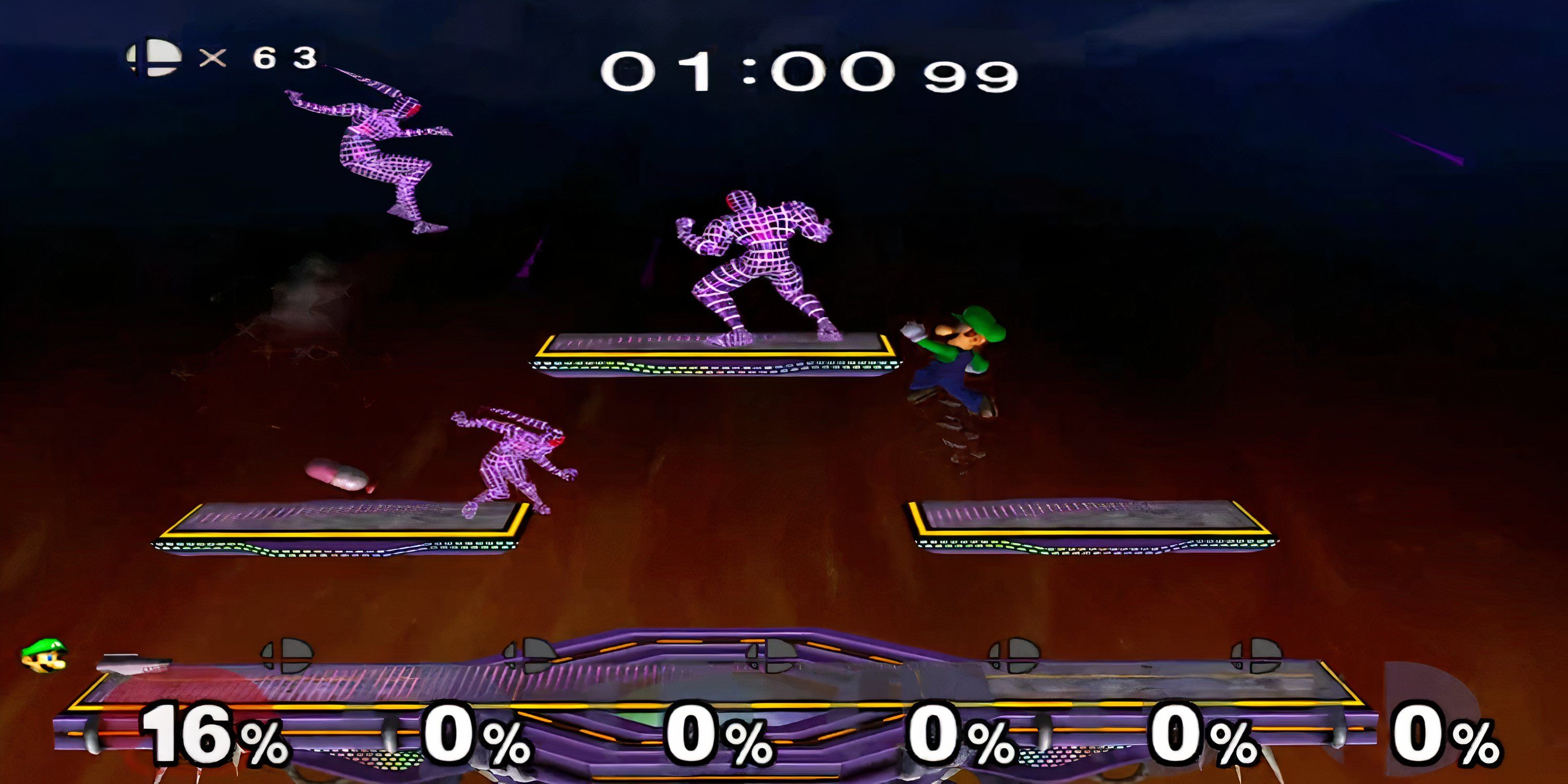 Luigi faces wire fighters in multiplayer melee combat in Smash Bros.