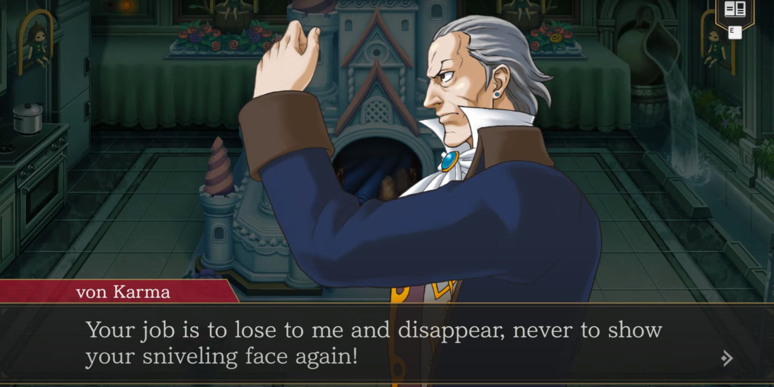 Manfred von Karma trying to intimidate Gregory Edgeworth from Ace Attorney Investigations 2.