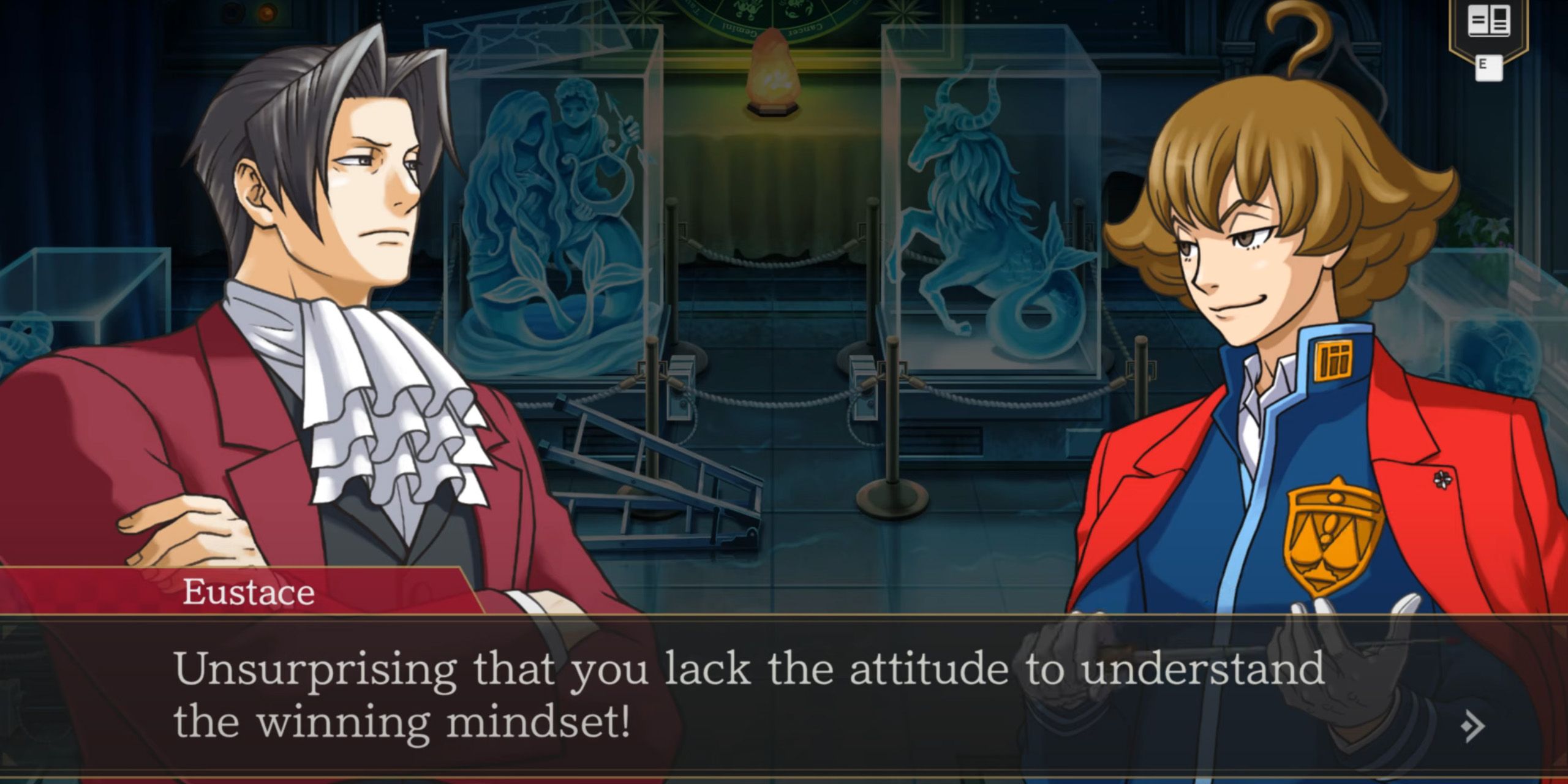 Eustace Winner insulting Edgeworth's intelligence in the Winter Wing from Ace Attorney Investigations 2.