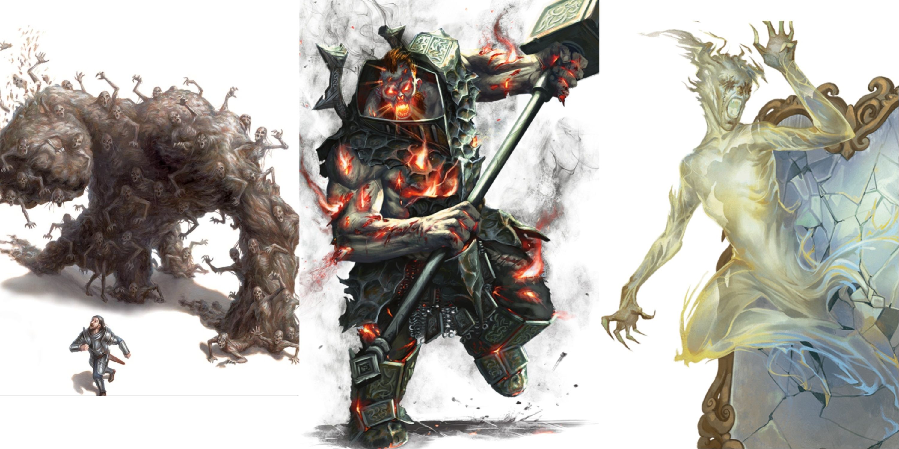 A collage of three monsters from Dungeons & Dragons. From left to right a Zombie Clot, a Firegaunt and a Mirror Shade.