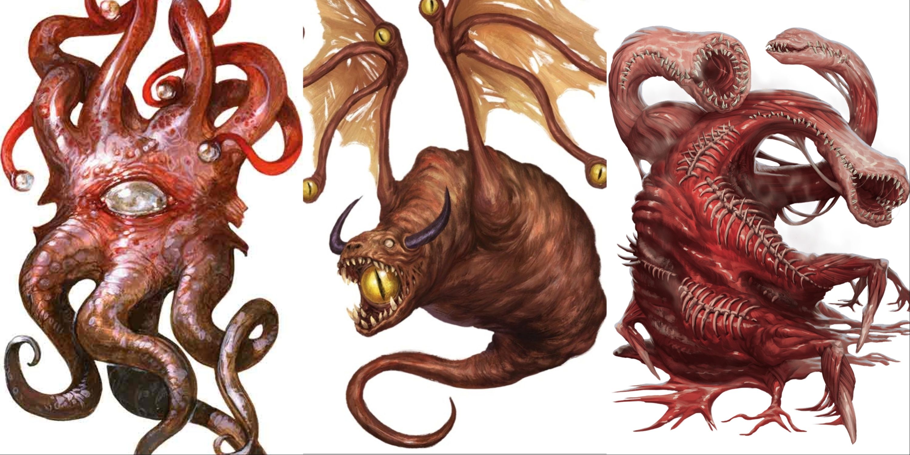 A collage of Dungeons & Dragons monsters. From left to right a Mindwitness, an Eyedrake and a Flesh Meld.