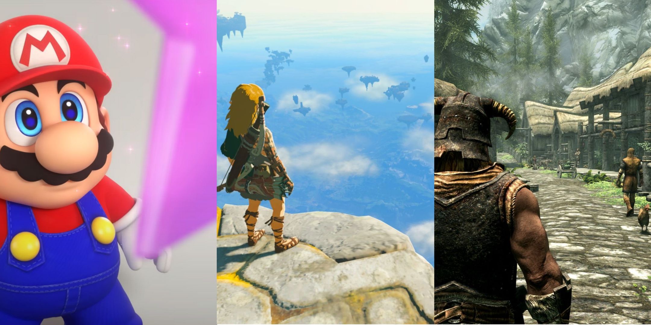 A collage of the Mario RPG, Legend Of Zelda, and Skyrim.