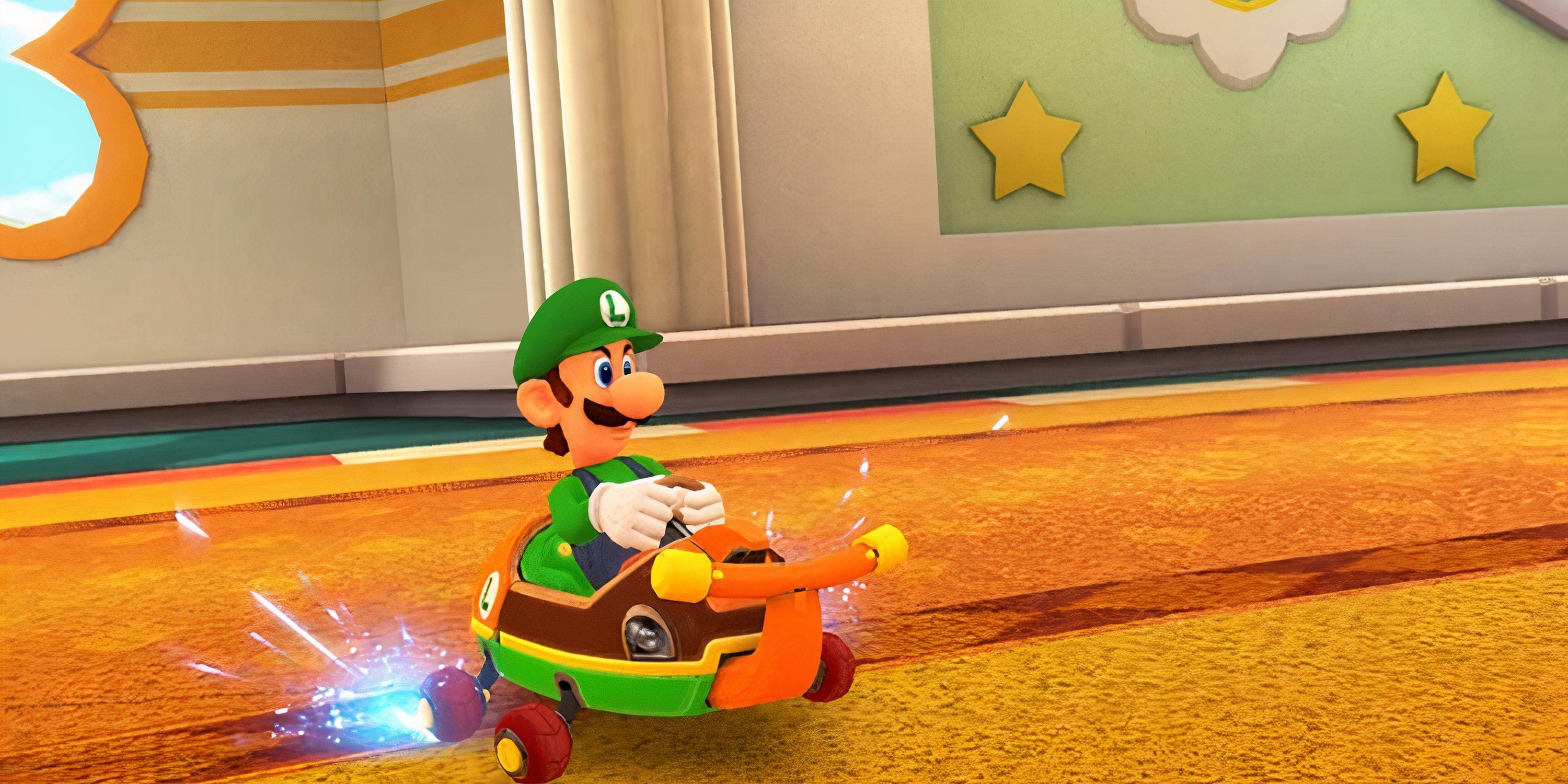 Mario Kart 8: Luigi drives the Streetle across carpet.