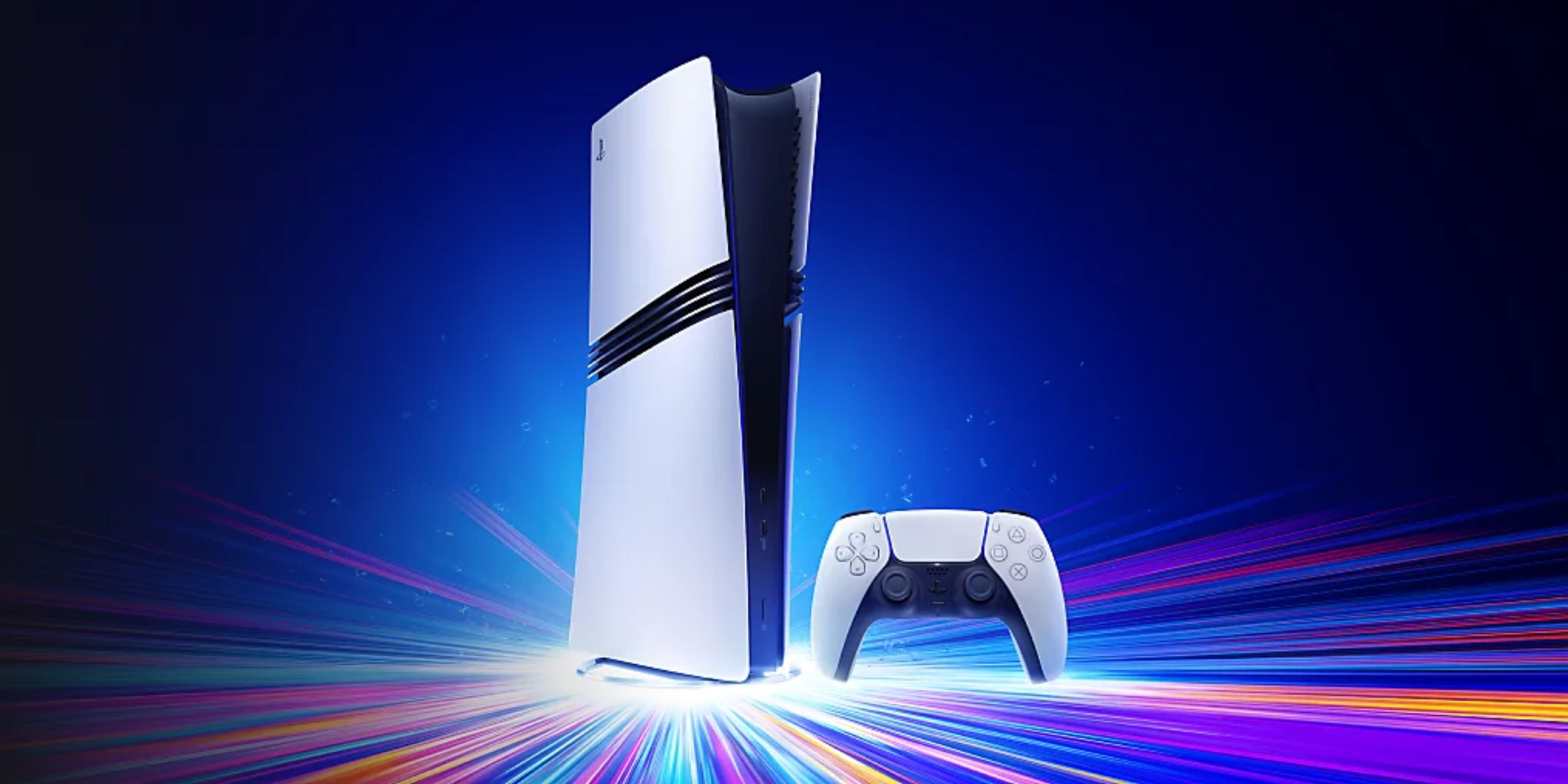 The PS5 Pro console in a background of traditional PlayStation blue and bright vibrant rays of colors surrounding the bottom.