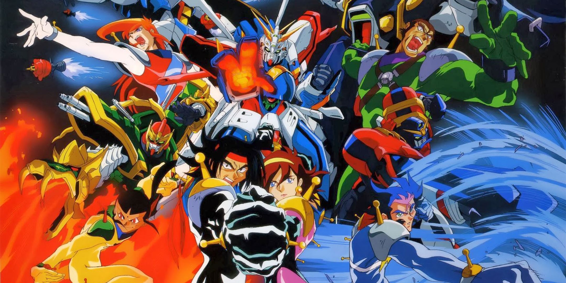 The main cast of Mobile Fighter G Gundam and their mobile suits.