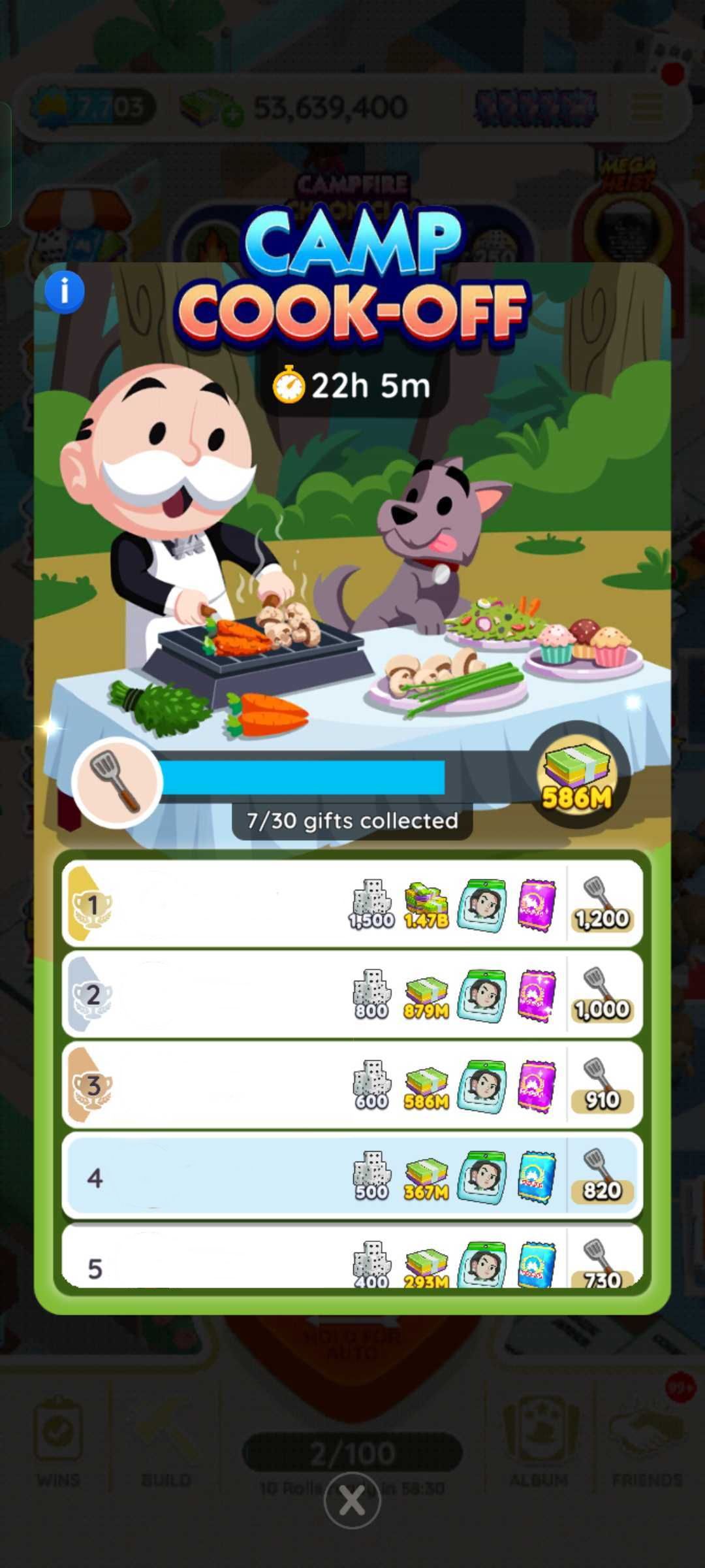 Monopoly Go. Camp Cookoff tournament ranking page.