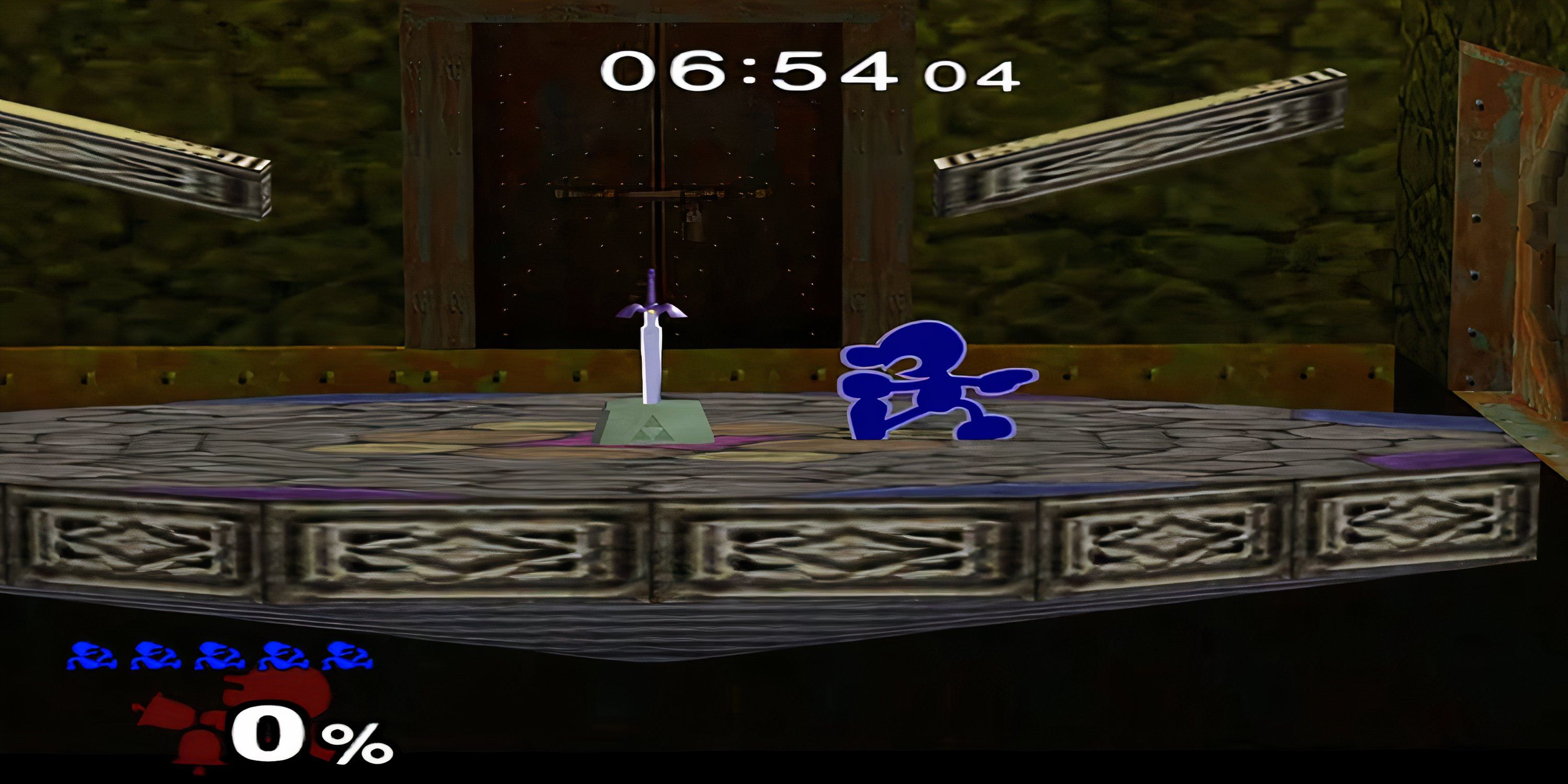 Mr. Game & Watch approaches the sword master in Super Smash Bros. Adventure Mode. Melee.