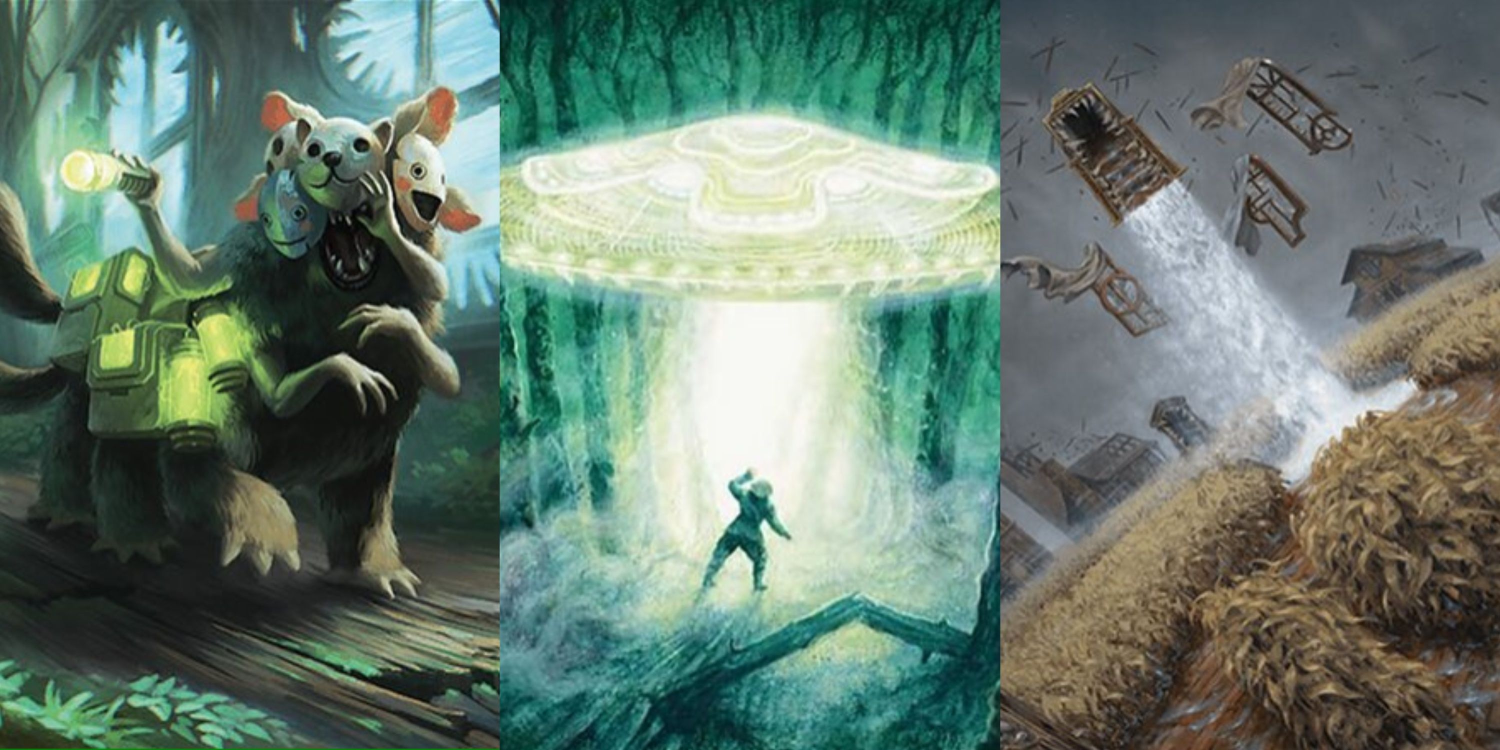 Card artwork of Kona, Rescue Beastie, Unidentified Hovership, and Floodfarm Verge.