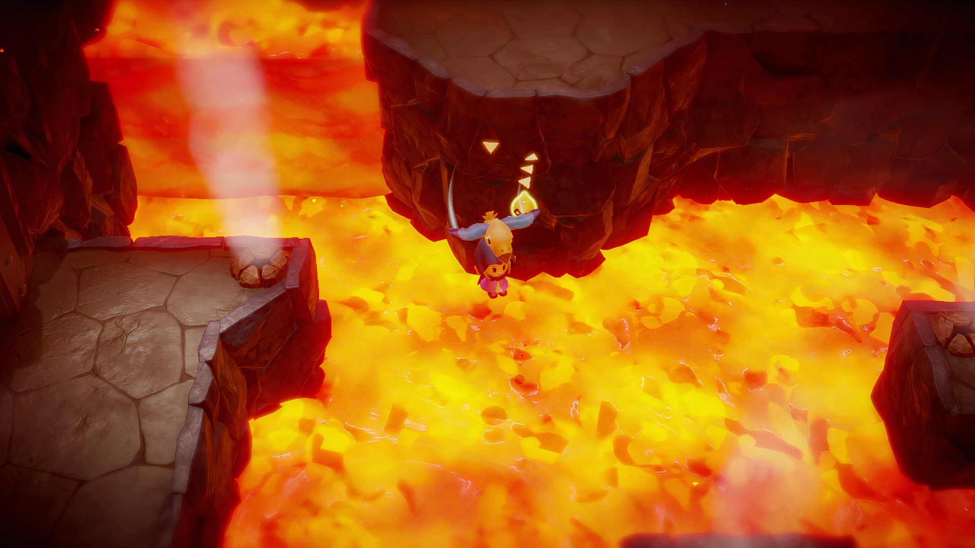 Zelda glides across lava while holding onto a bird in Echoes of Wisdom. 