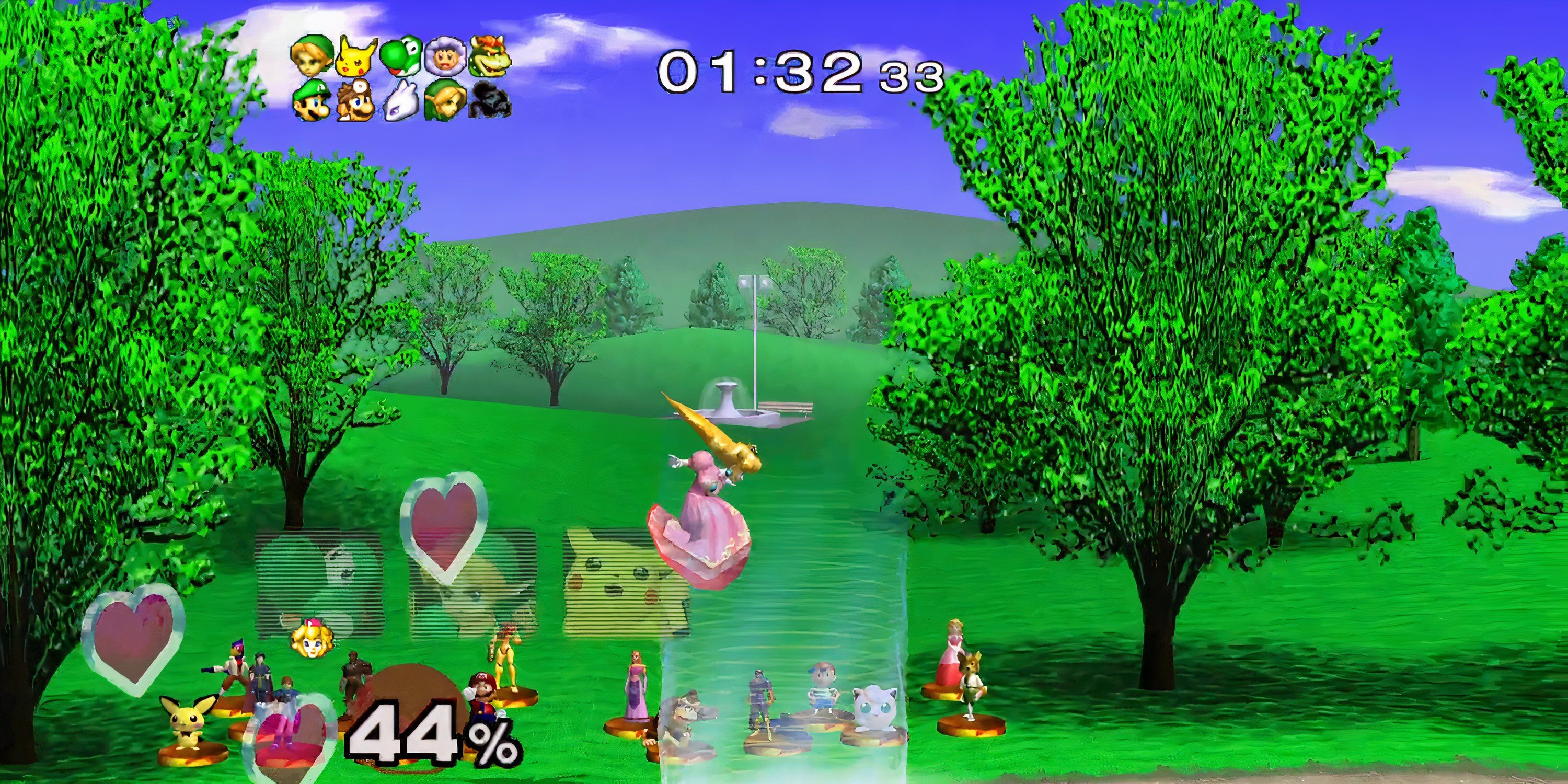 Peach jumps to a beam of light in the park in Super Smash Bros. Melee.