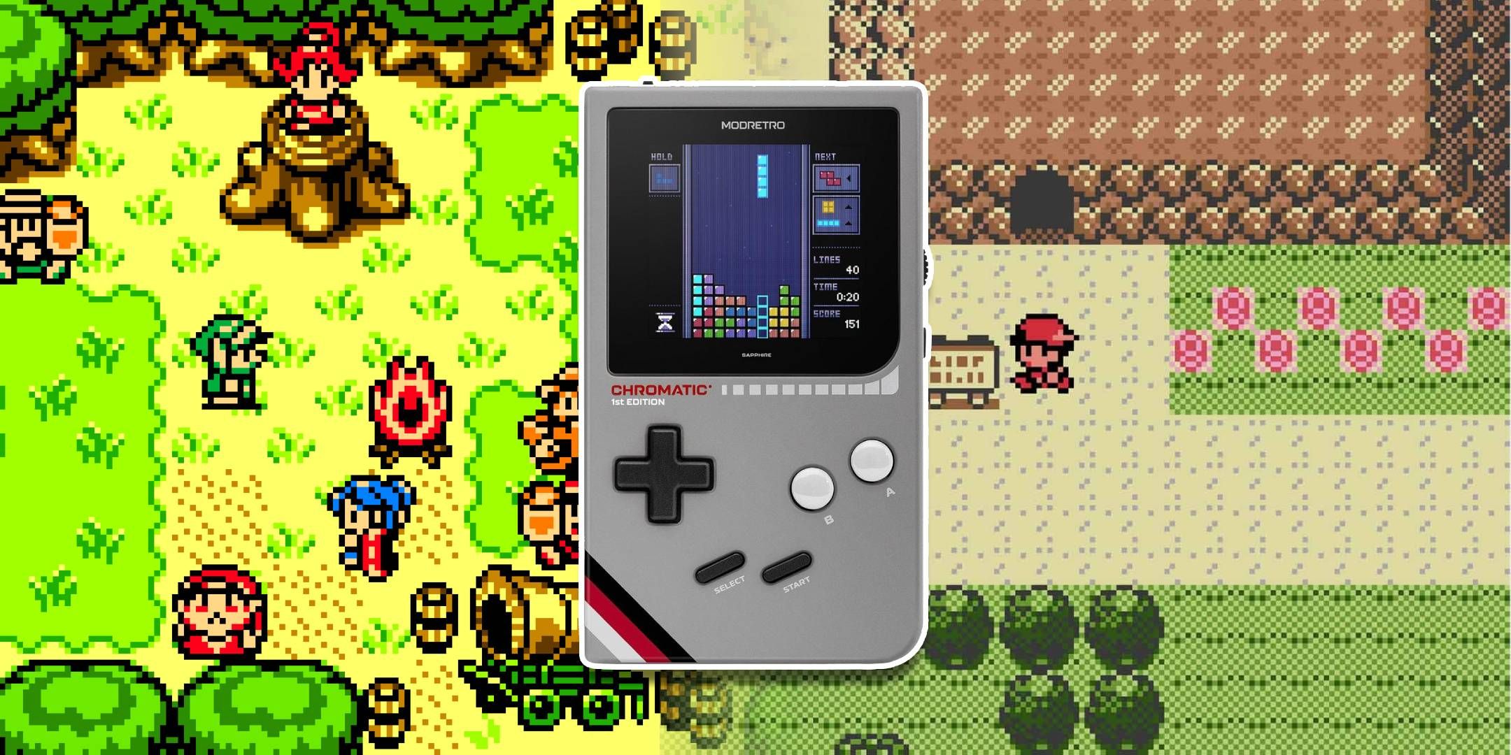 Play retro games with the ModRetro handheld console with Legend of Zelda and Pokemon in the background.