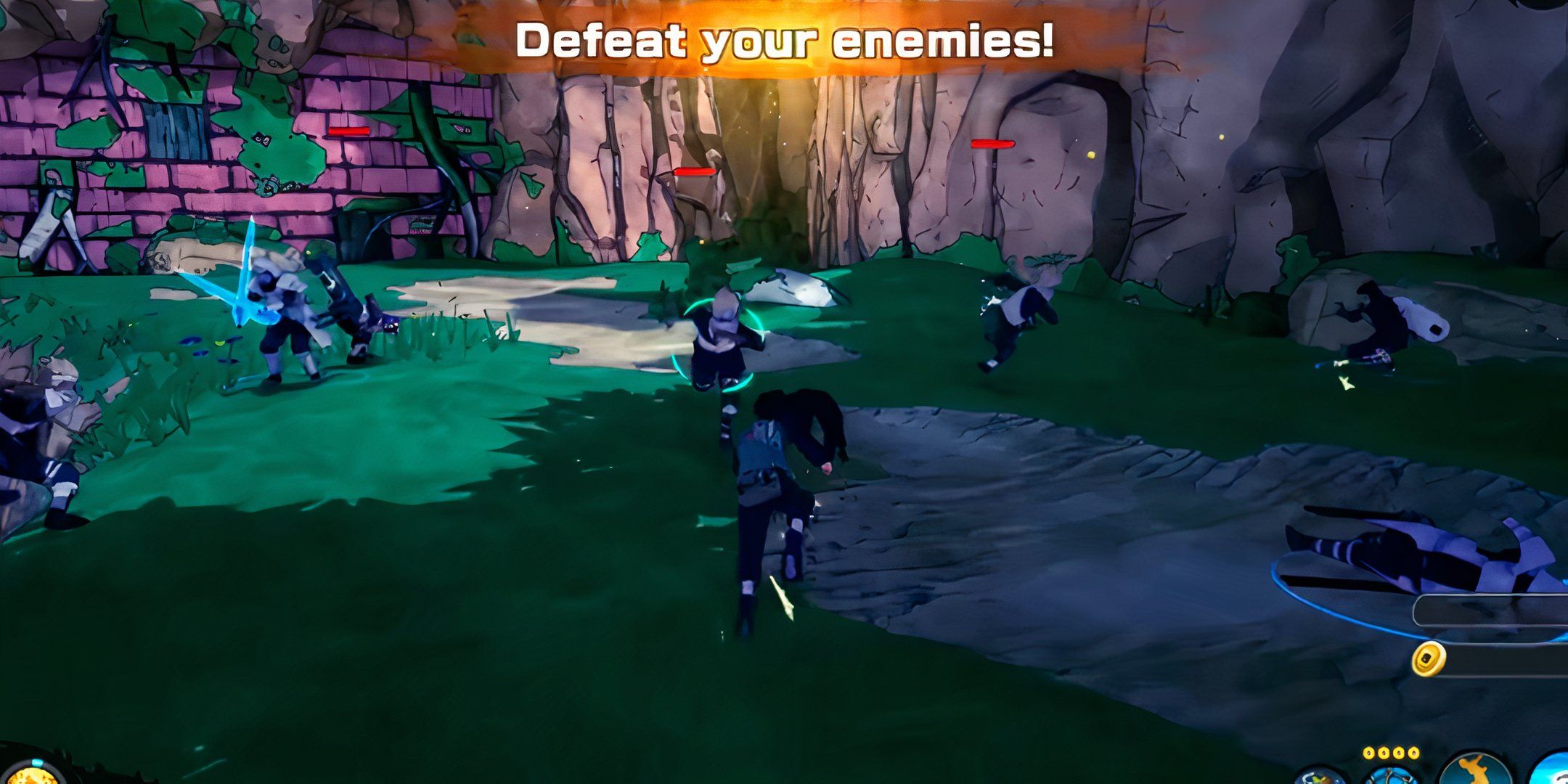 Player created character being faced by multiple ninja in Naruto to Boruto Shinobi Strikers.