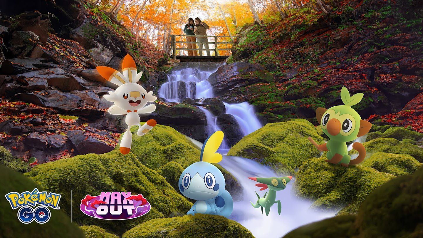 Image of Scorbunny, Sobble, Dreepy, and Grookey standing above a small waterfall.