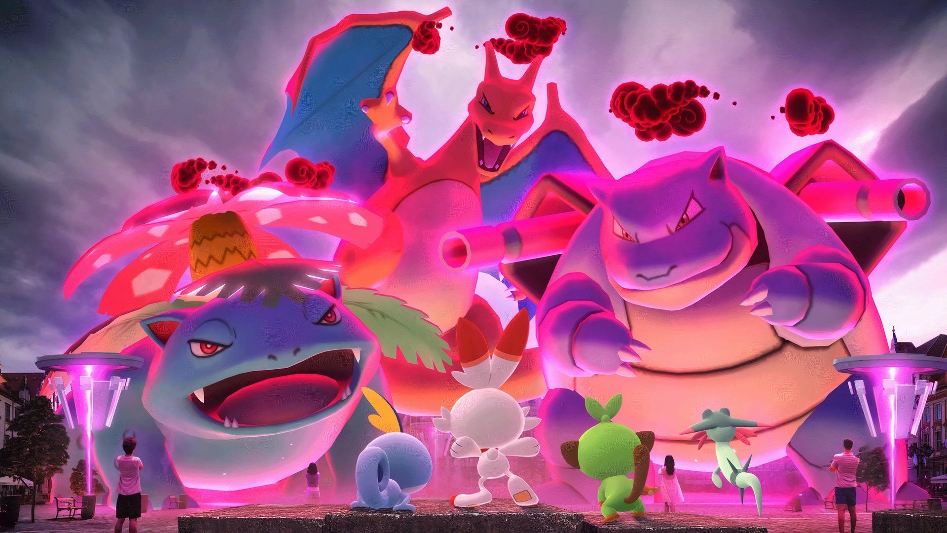 An image of Sobble, Scorbunny, Grookey, and Dreepy in front of Dynamaxed Venusaur, Charizard, and Blastoise.