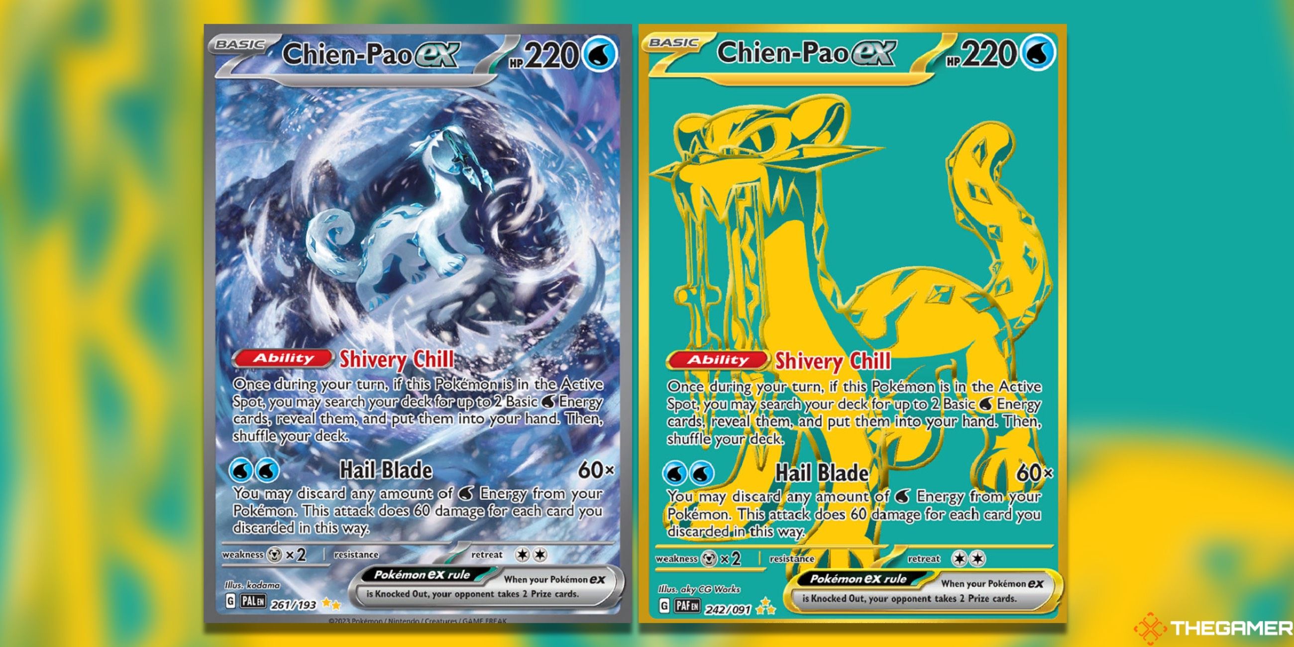 The Chien-Pao SIR from Paldea Evolved and Hyper Rare from Paldean Fates in the Pokemon TCG.