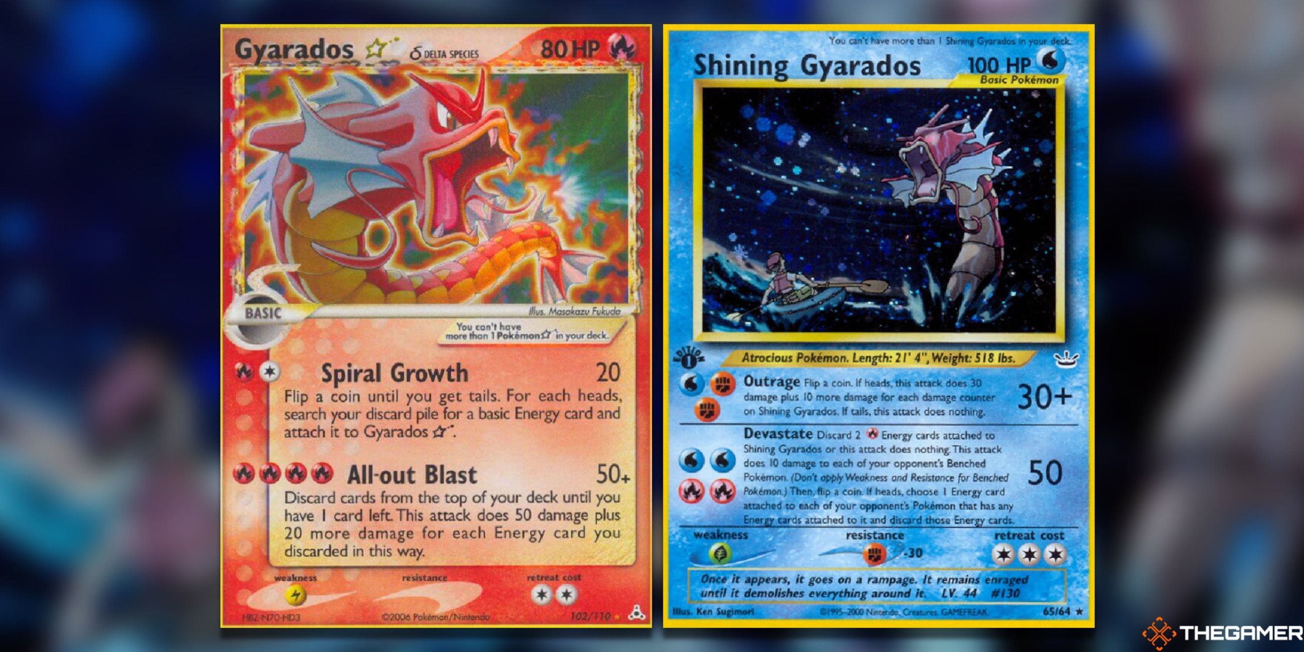 The Gyarados Star (Holon Phantoms) and Shining Gyarados (Neo Revelation) Cards from the Pokemon TCG.