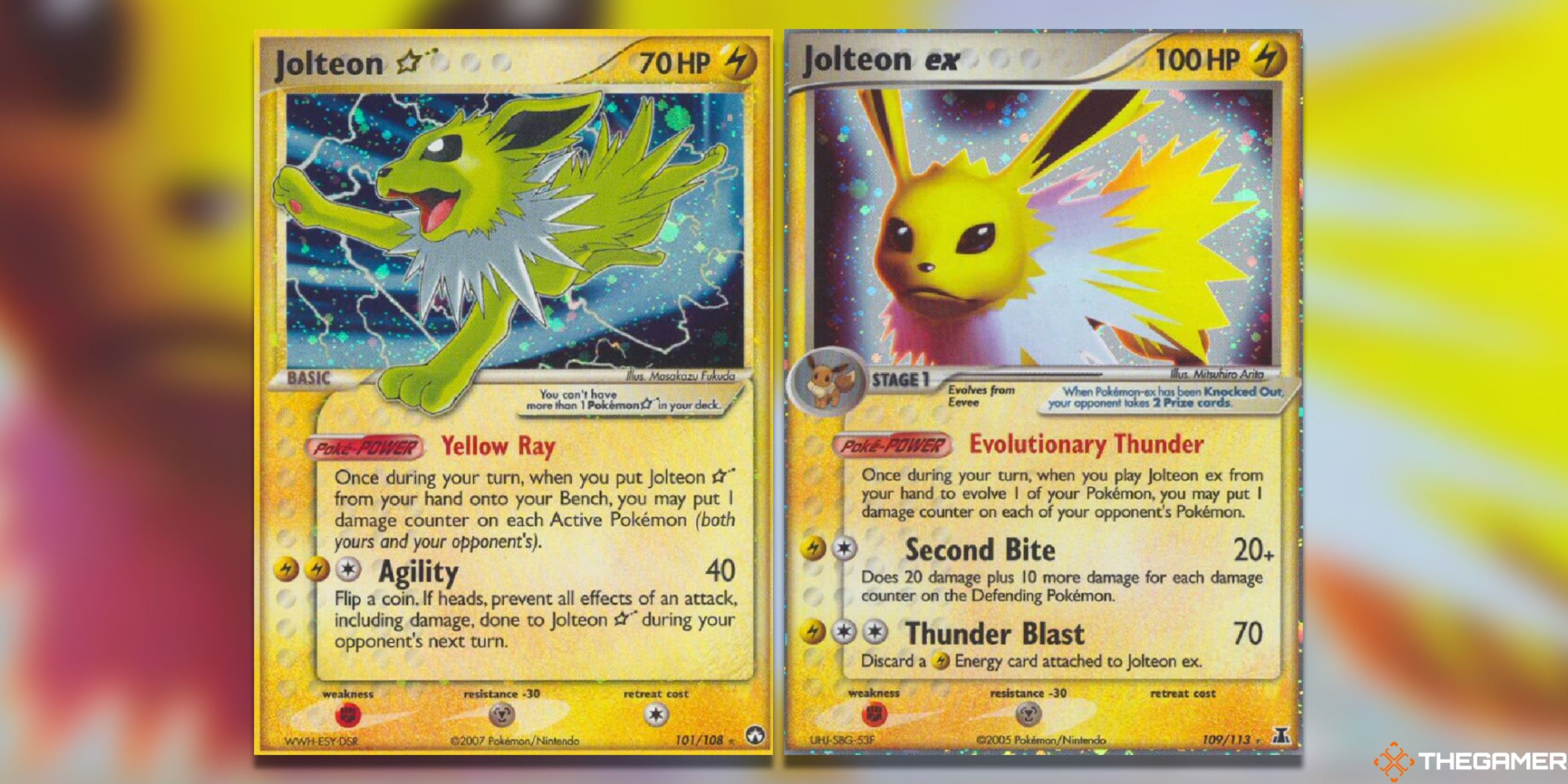 The Jolteon Star from Power Keepers and Jolteon Ex from Delta Species in the Pokemon TCG.