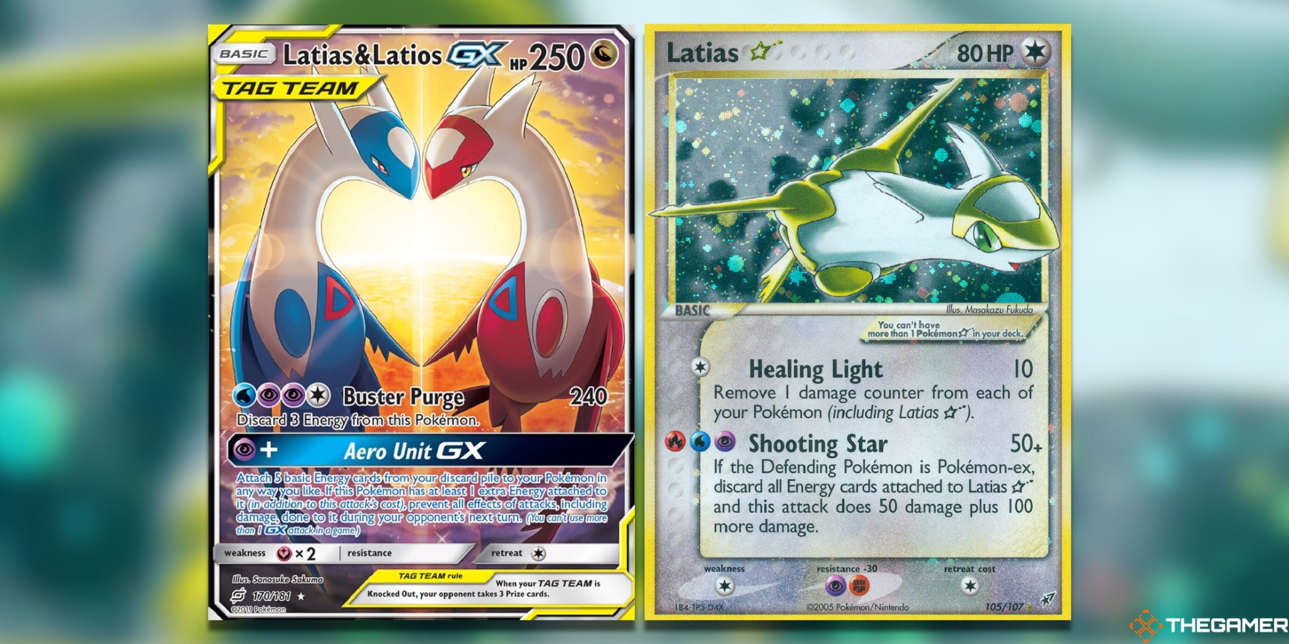 The Latias & Latios GX Alt Art from Team Up and the Latias Star from EX Deoxys in the Pokemon TCG.