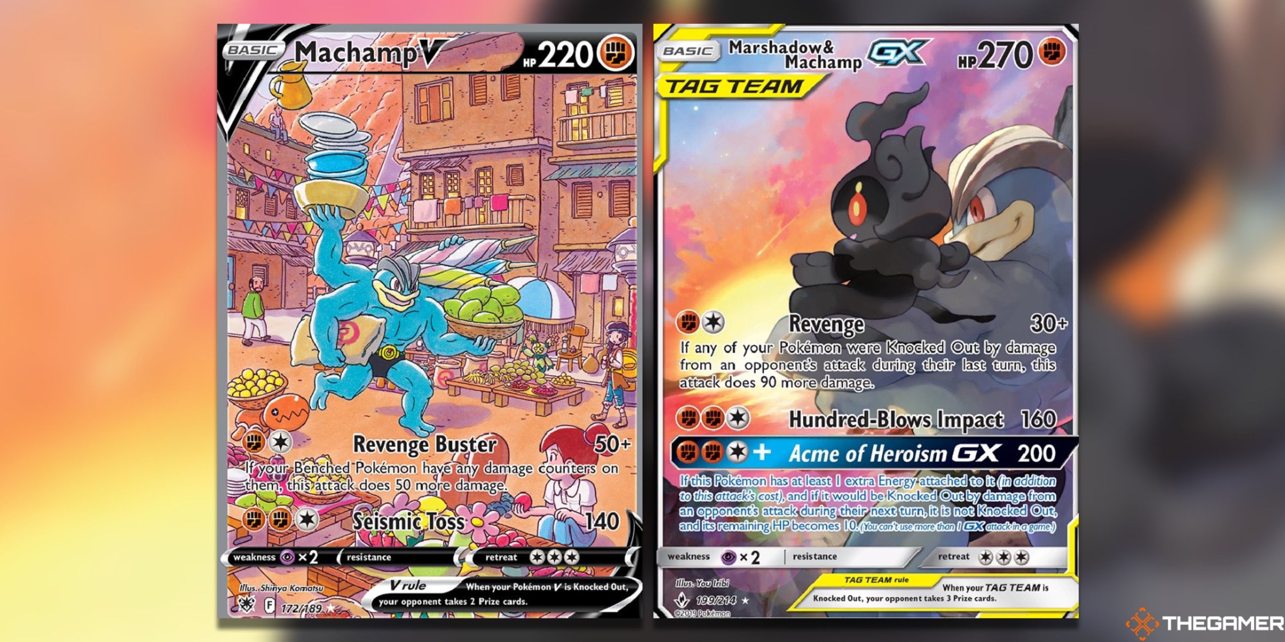 The Astral Radiance Machamp V and Unbroken Bonds Marshadow & Machamp GX from the Pokemon TCG.