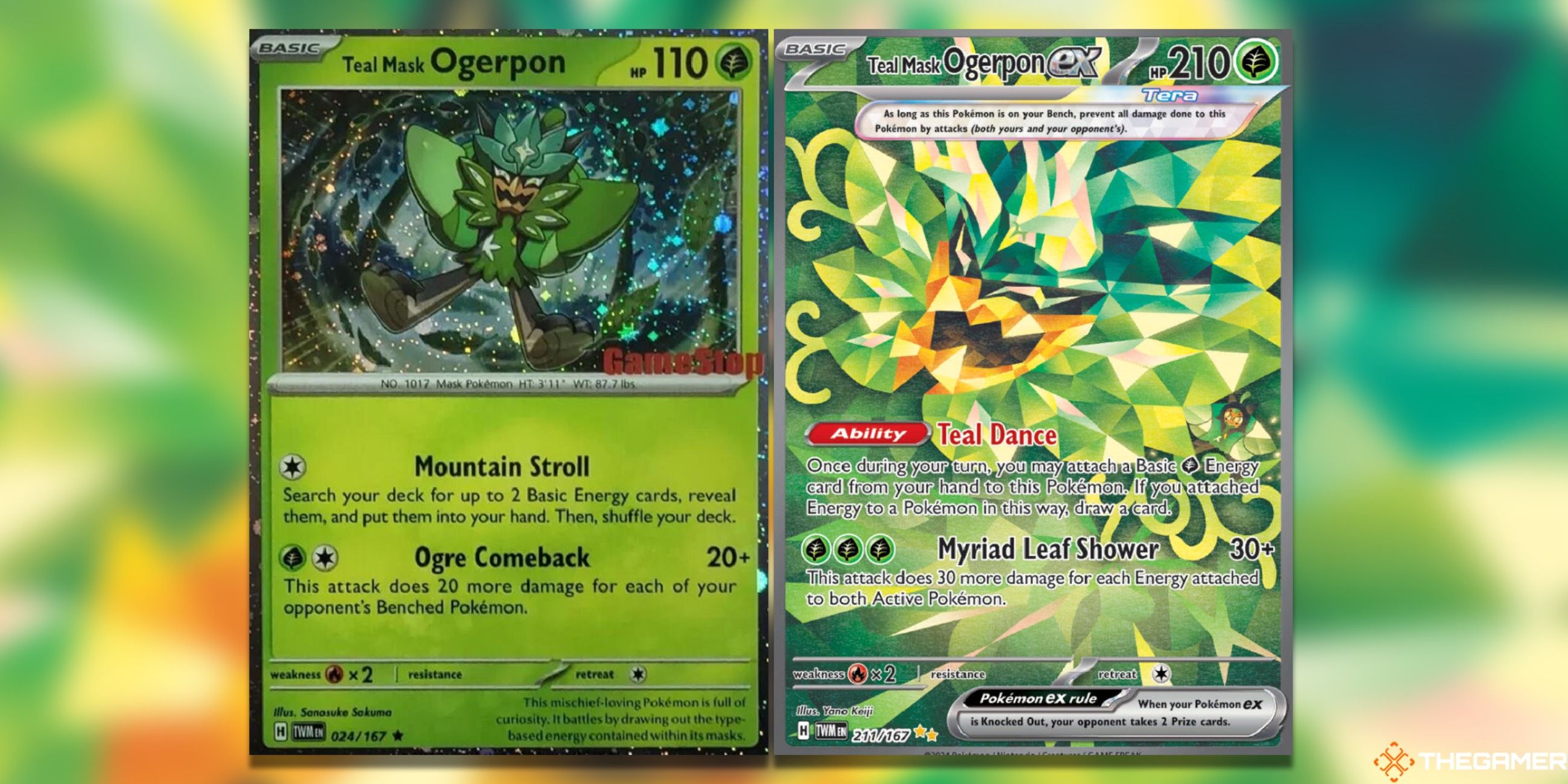 The Ogerpon Cosmos Holo Gamestop Exclusive and The Teal Mask Ogerpon SIR from Twilight Masquerade in the Pokemon TCG.