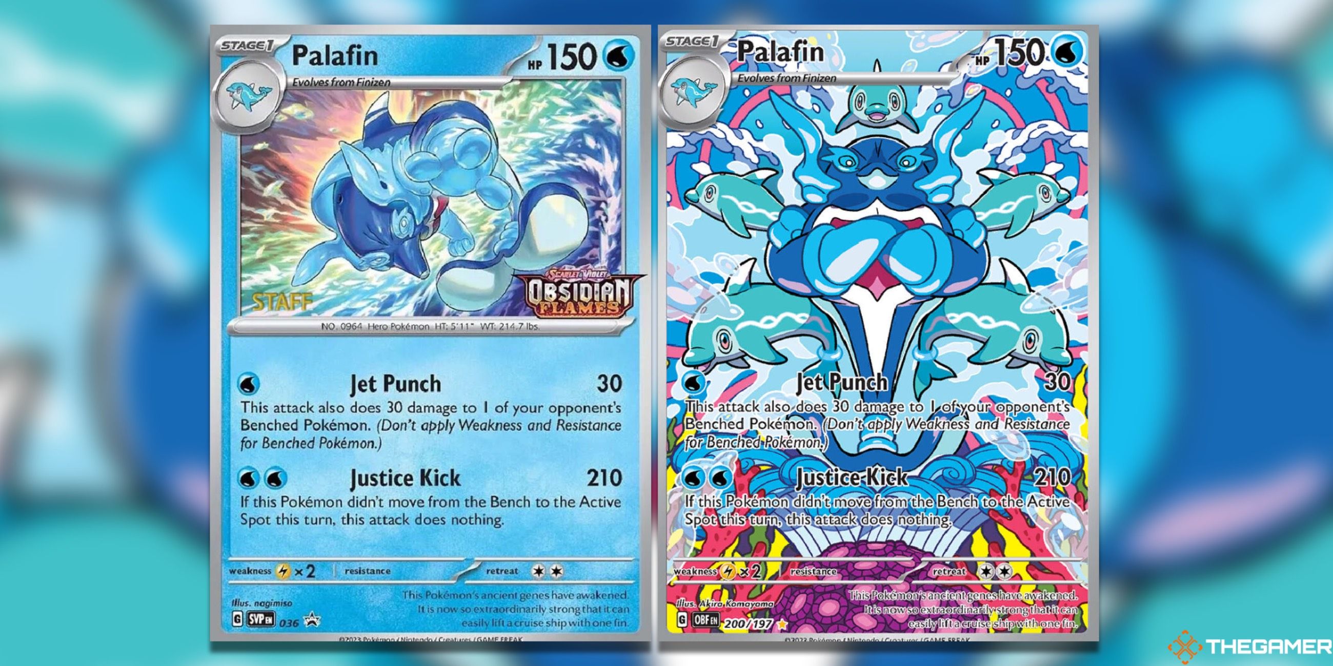 The Obidian Flames Prerelease Palafin and Palafin Illustration Rare from Obsidian Flames in the Pokemon TCG.