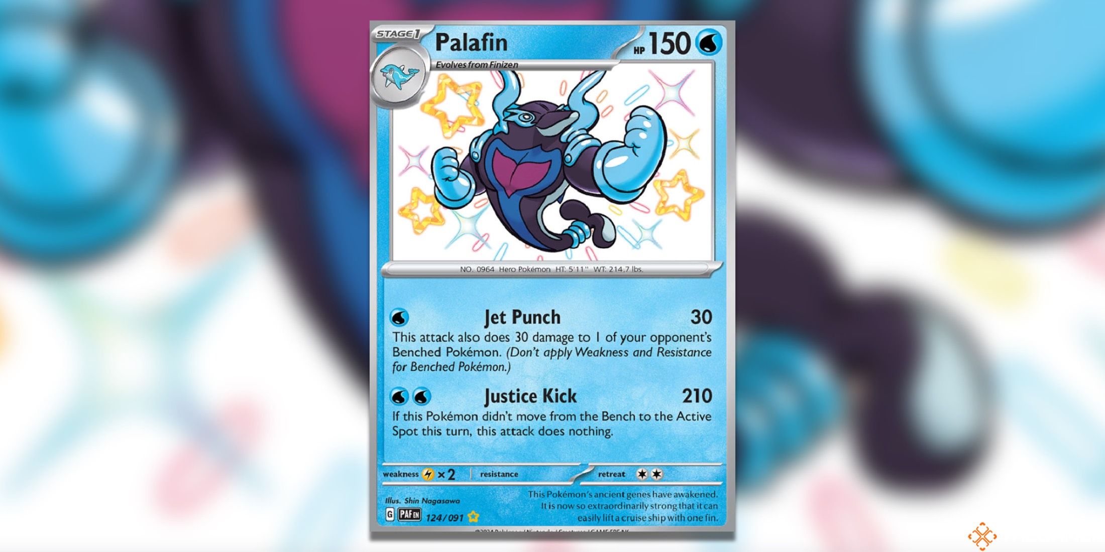 The shiny Palafin from Paldean Fates in the Pokemon TCG.