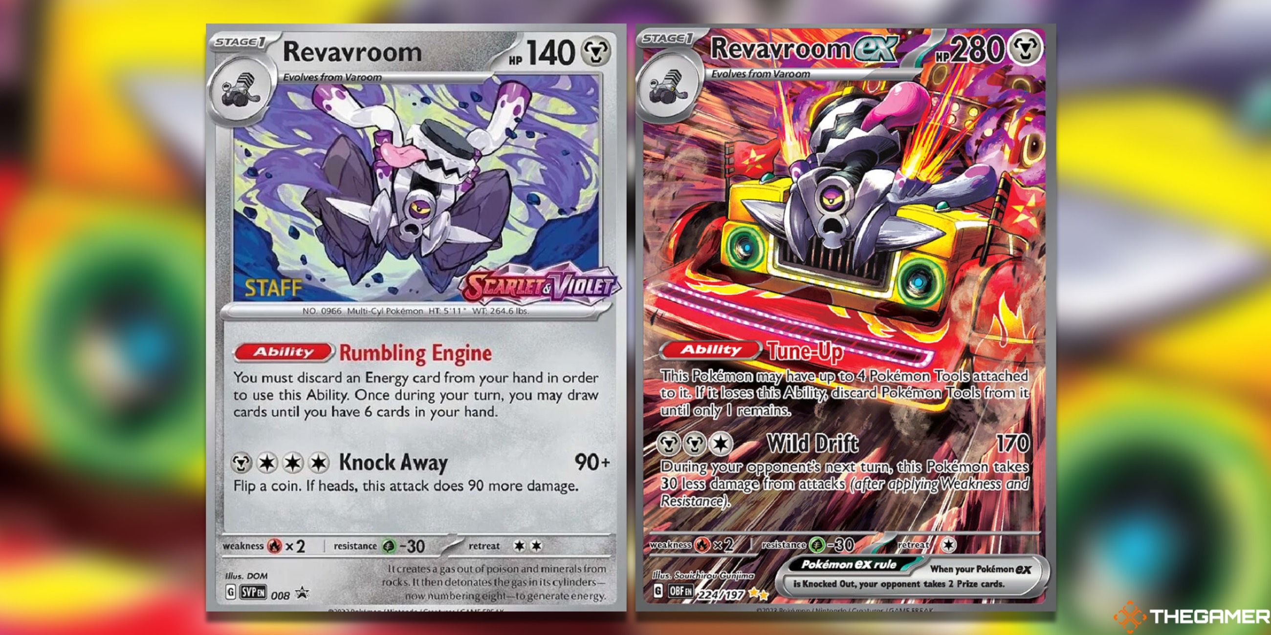 The Revavroom Staff Promo and Obsidian Flames SIR from the Pokemon TCG.