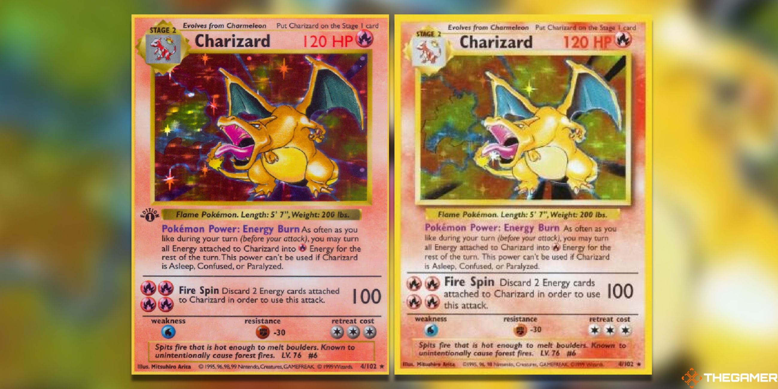 A Charizard first edition Shadowless next to a Charizard Unlimited rom Base Set in the Pokemon TCG.