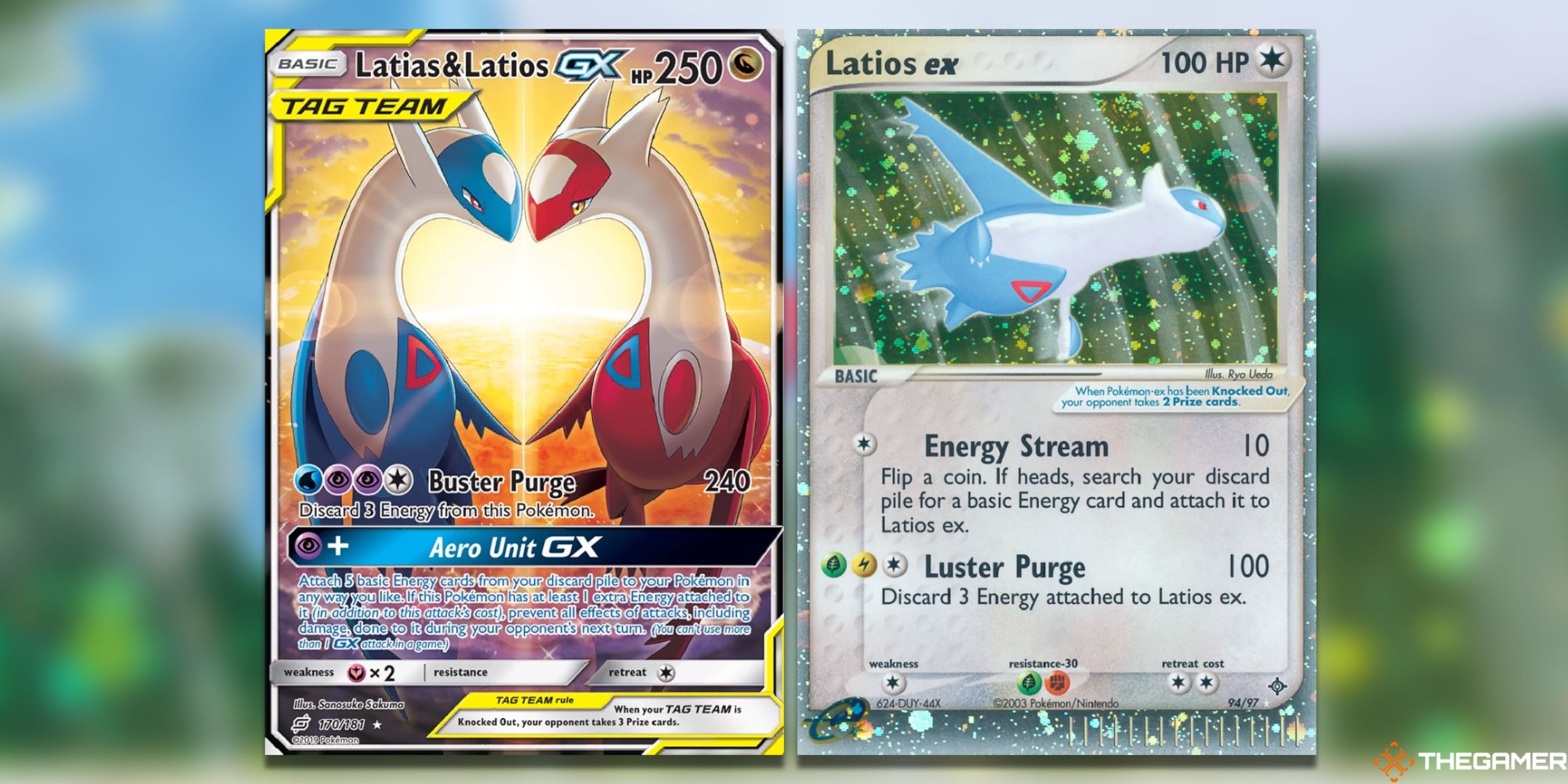 The Latias & Latios GX AAlt Art from Tag Team and the Latios ex from Dragon in the Pokemon TCG.