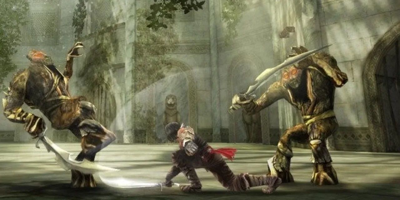 The Prince fights two enemies in the Wii version of Prince of Persia: The Forgotten Sands.