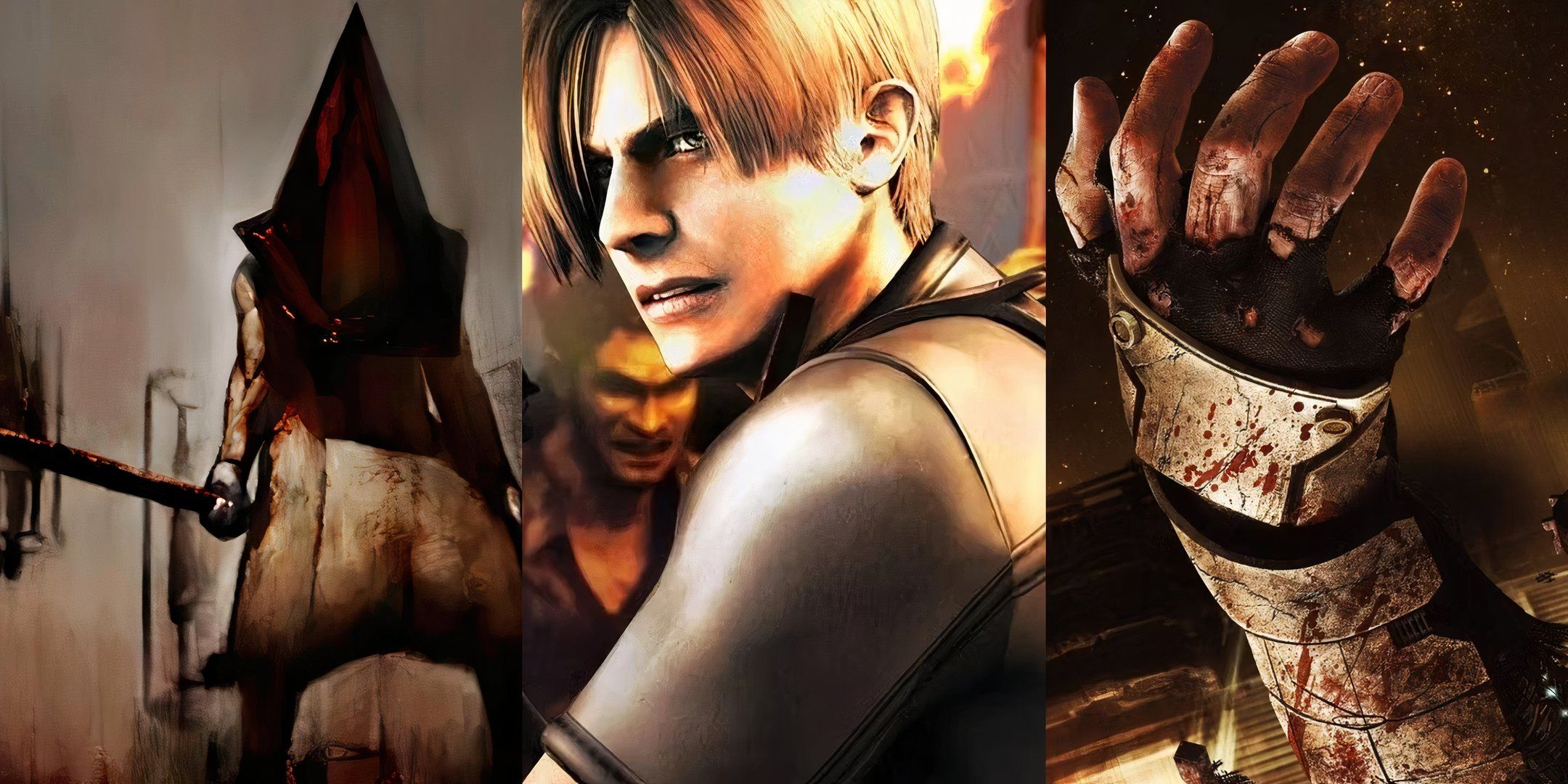 Pyramid head from his famous painting in Silent Hill 2, key art of Leon from Resident Evil 4, and box art to the original Dead Space.