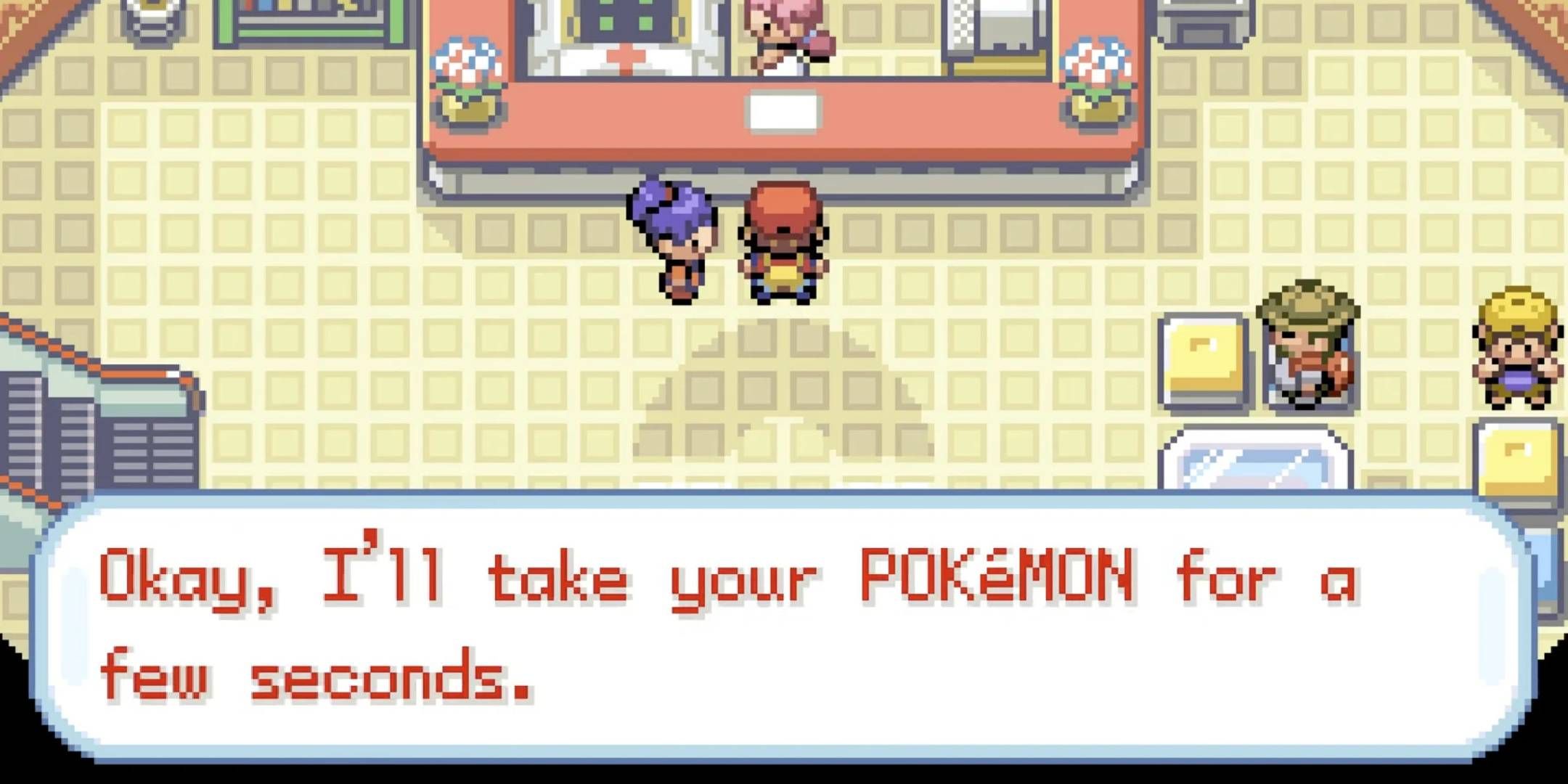 Red is taking your Pokémon to Pokémon Lefigure at Pokémon Center