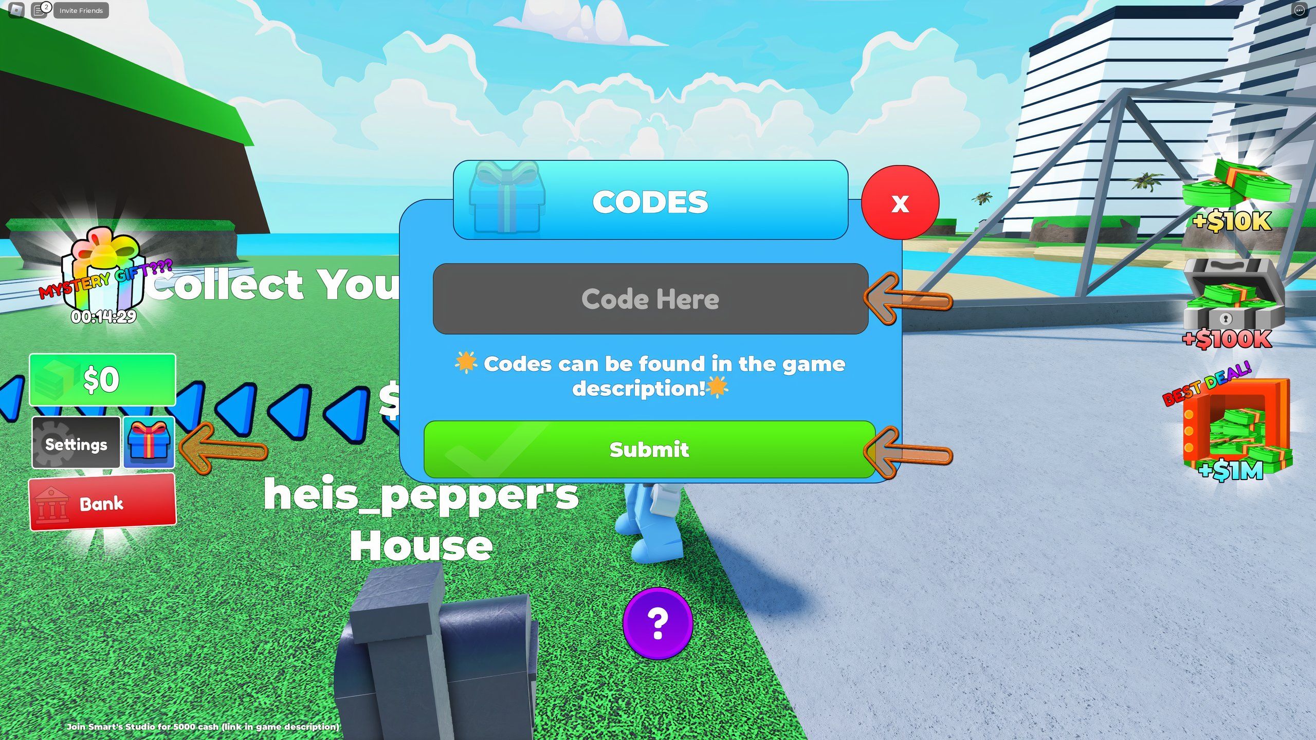 the codes box in Tropical House Tycoon on Roblox