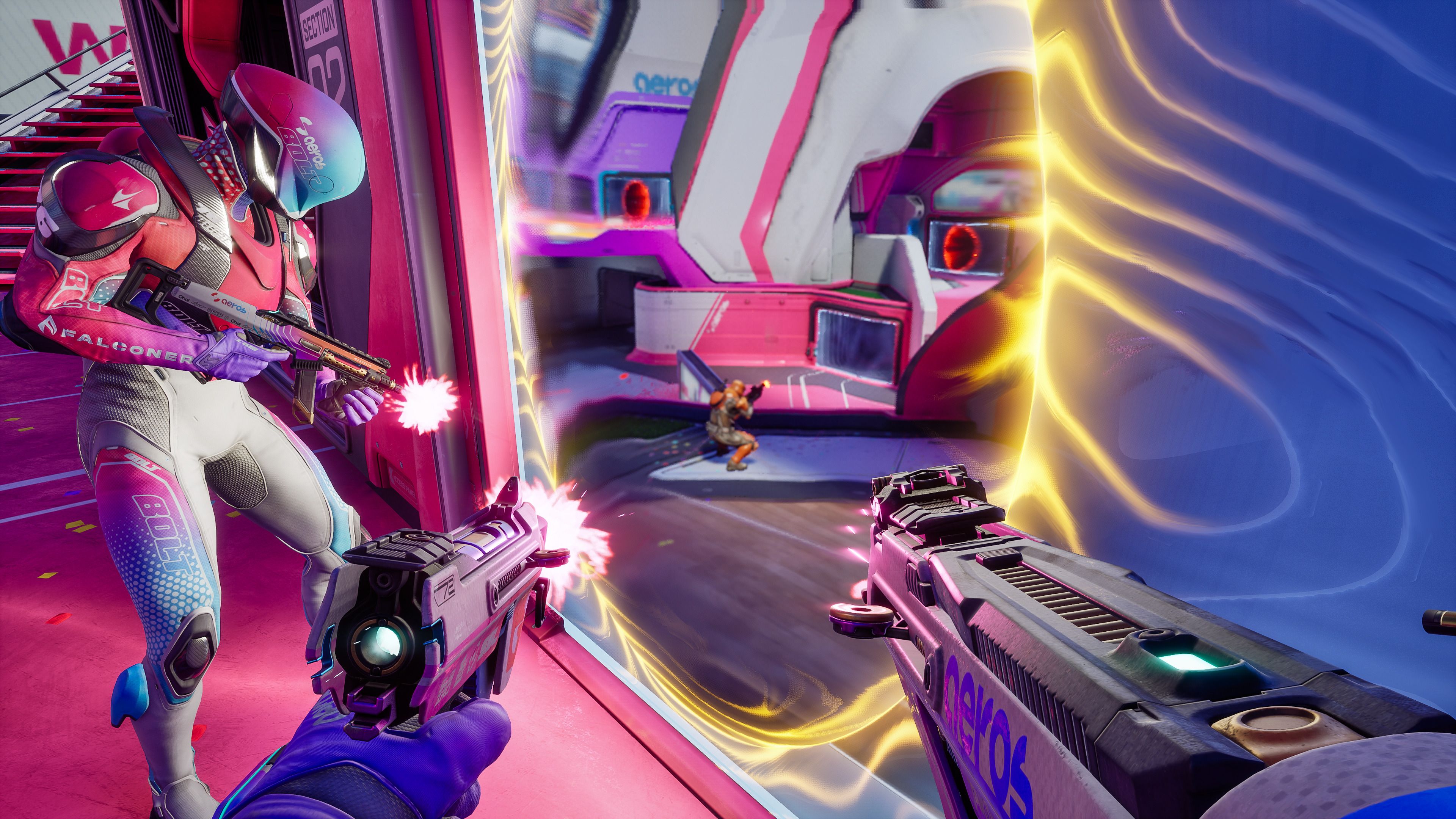 Two players of the same team shooting through a portal at an enemy showing its back.