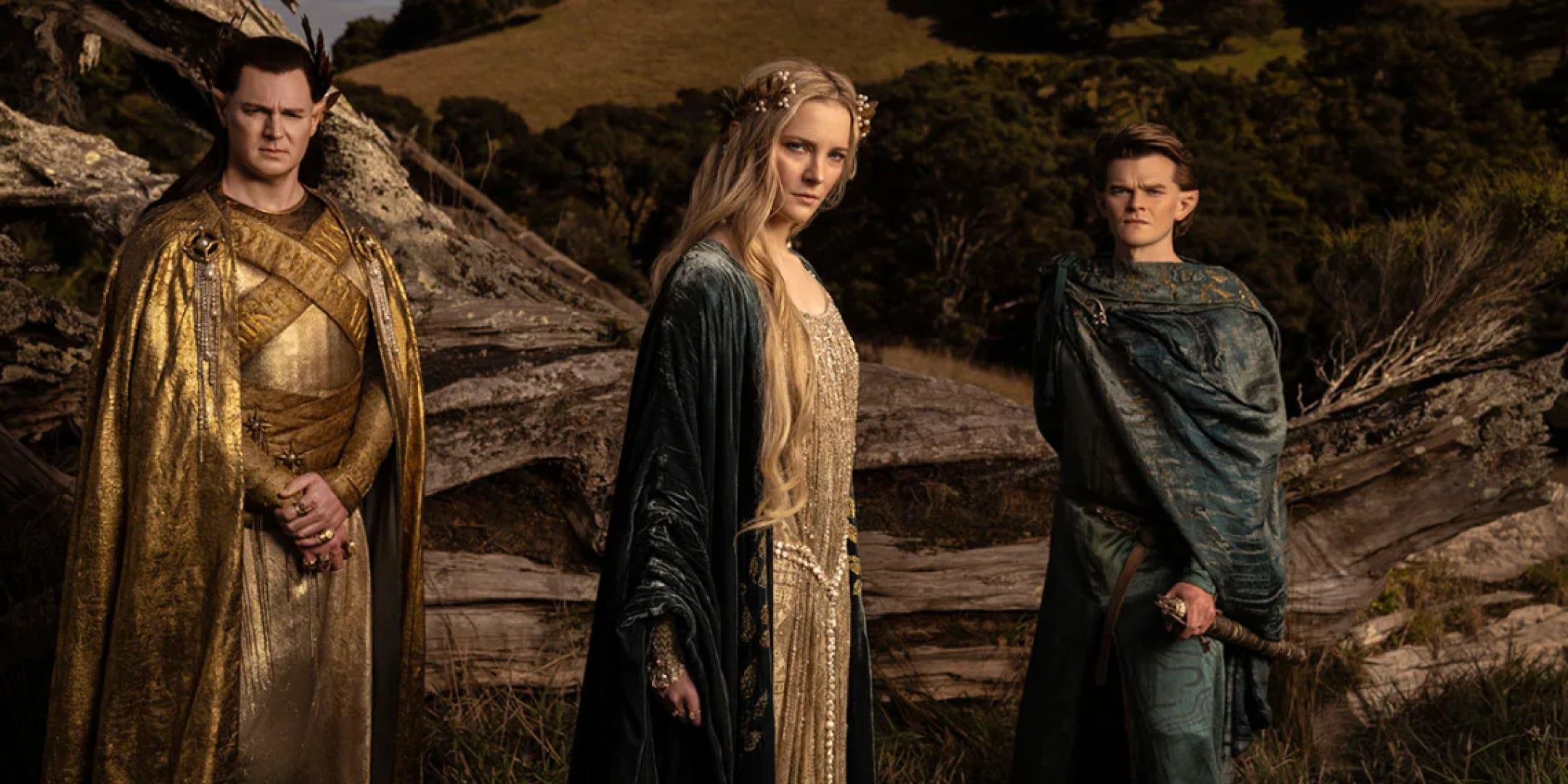 A screenshot from Rings of Power showing Galadriel, Elrond, and Gil-Galad.