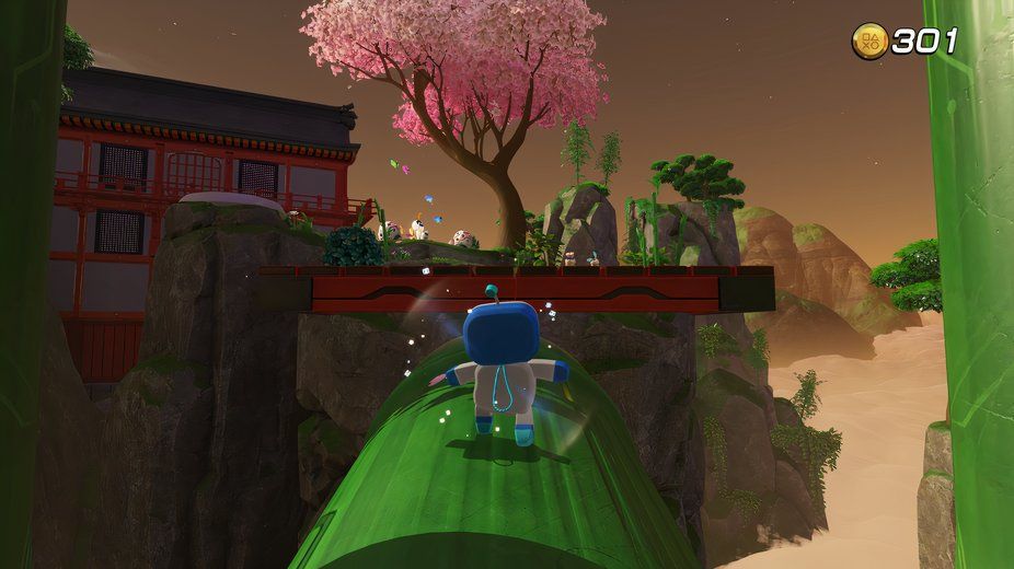 Astro Bot Bathhouse Battle running along bamboo seesaw