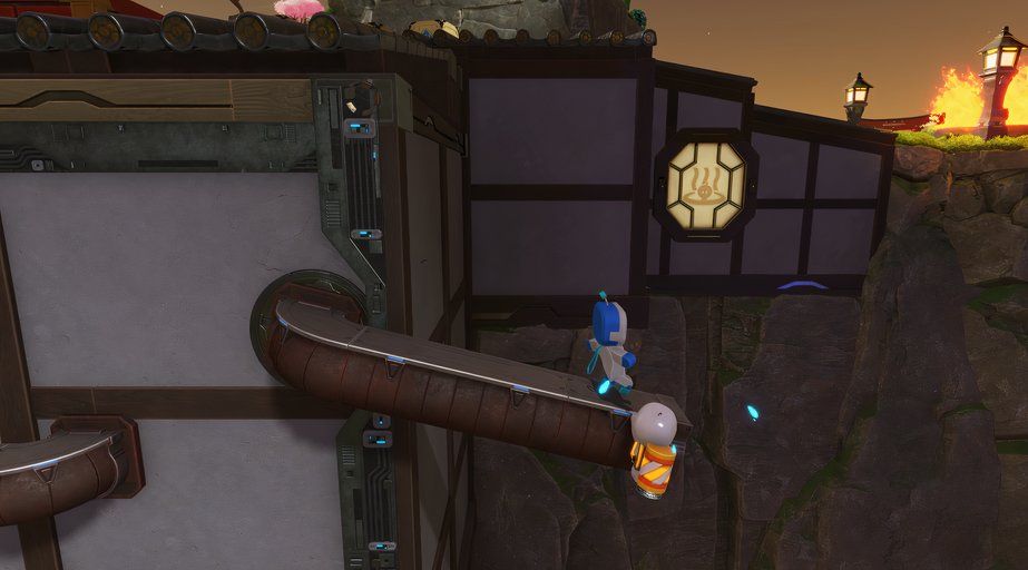 Astro Bot Bathhouse Battle rescuing bot hanging onto metal beam